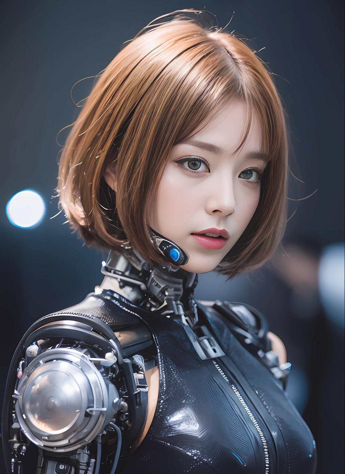 melhor qualidade de imagem、8k,Fotografia nefasta, Retrato da parte superior do corpo、Cute robot in cybernetic clothes、mechanical body、Guerra Cyberpunk, vermillion anachronism, futuristic fragmentation, Layered Composition, Futurismo Cyberpunk, cinematic still, filmado em filme, Shot with camera - met the requirements for best image quality、Generates dynamic images。--AR 3:2 - S 600、Reduzir x 1.5