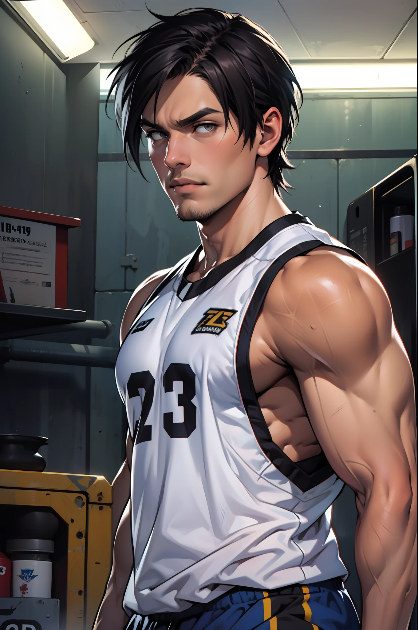 1 homem, adult, 40 anos, kyo kusanagi, sozinho, ao lado do carro impala ano 76 preto pele parda , musculoso, homem musculoso, magro, 1 60 altura hunk, ombro largo, barbas rasa, cabelo escuro, penteado cortina identidade como de corpo inteiro, jogador de basquete uniforne casual e desinibido, with a sense of shooting atmosphere, jogo CG, pintura original, 8k, (realismo: 1.3)