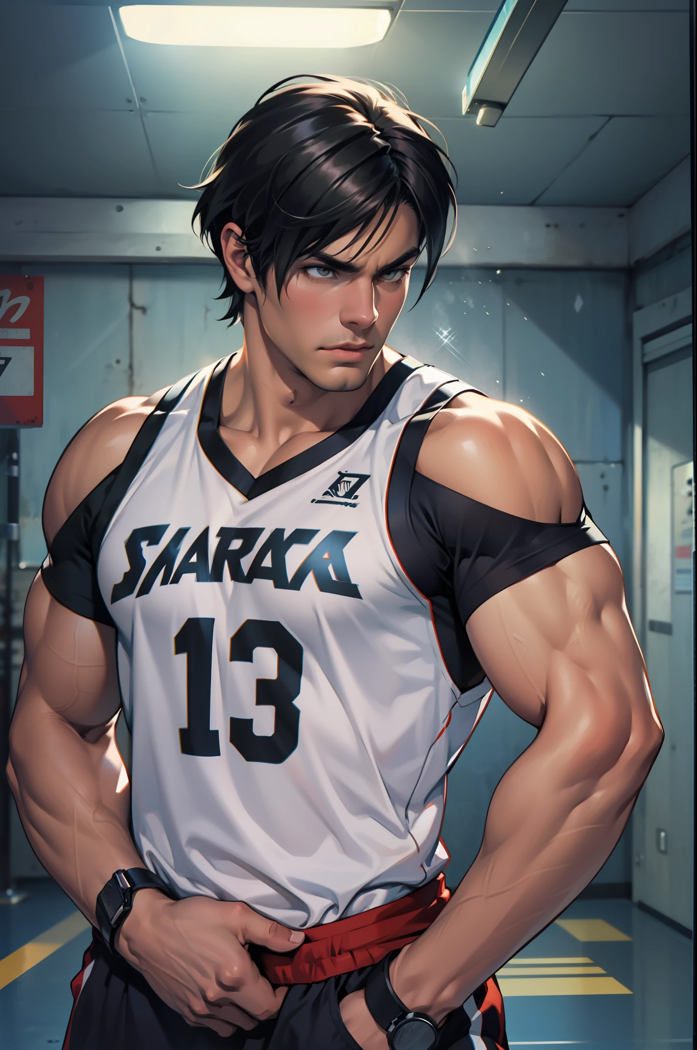 1 homem, adult, 40 anos, kyo kusanagi, sozinho, ao lado do carro impala ano 76 preto pele parda , musculoso, homem musculoso, magro, 1 60 altura hunk, ombro largo, barbas rasa, cabelo escuro, penteado cortina identidade como de corpo inteiro, jogador de basquete uniforne casual e desinibido, with a sense of shooting atmosphere, jogo CG, pintura original, 8k, (realismo: 1.3)