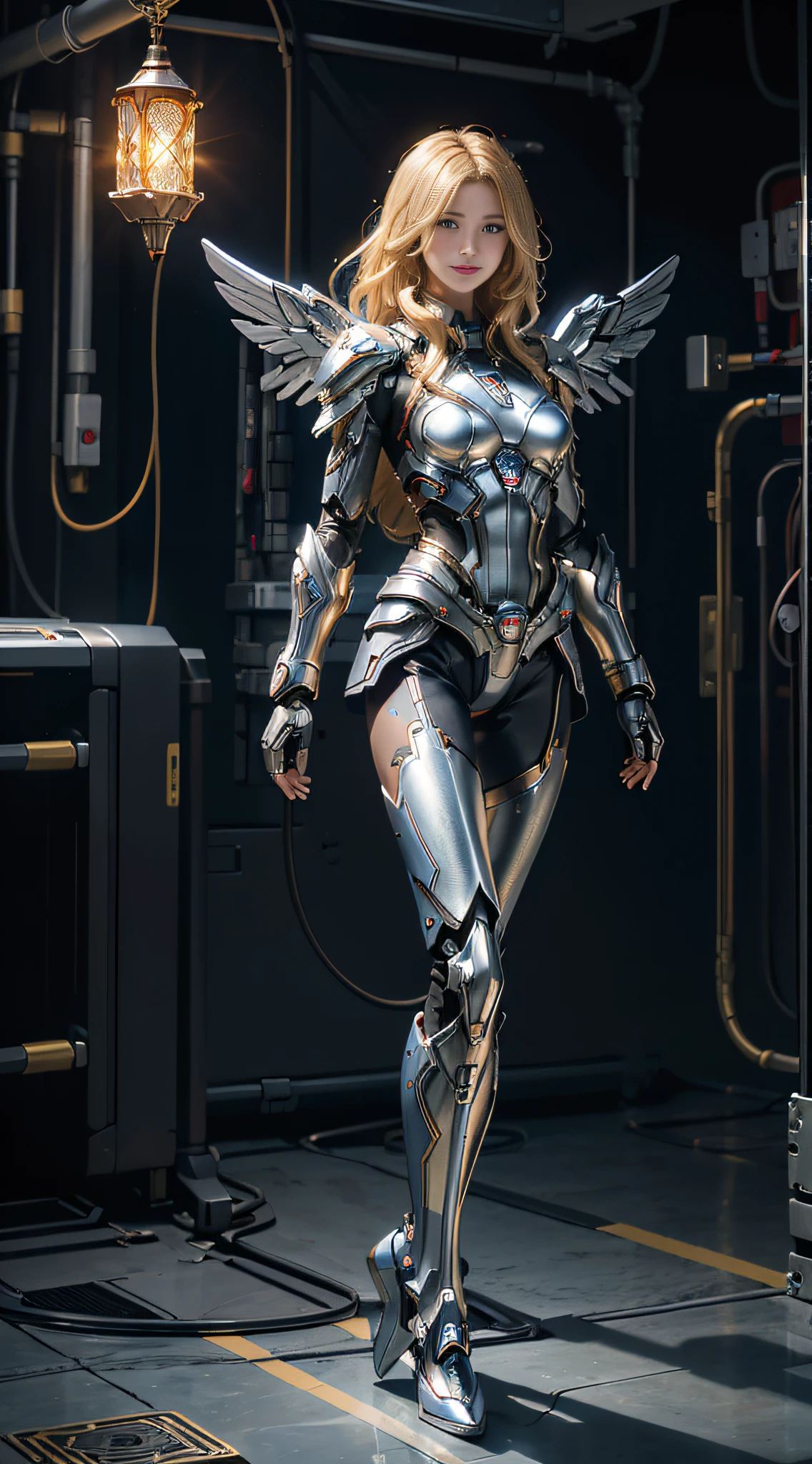 Supergirl's Masterpiece, (Best quality), Highly detailed, Ultra-detailed, 1 Supergirl, (Mechanical wings: Golden, glowing light eyes: Blue, Silver armor: 1.2, Hair grows to the waist: 0.8), (cyber punk city: 1.5, arma: Energy Blade), (Fantasy landscape: 1.2, Natural lighting: 1.5, self-confident expression), (in a panoramic view: 1.2), Blue and red mechs, Blonde, Smile, Blue eyes,expose arms,nabel,upper legs, Angle, Angels, .