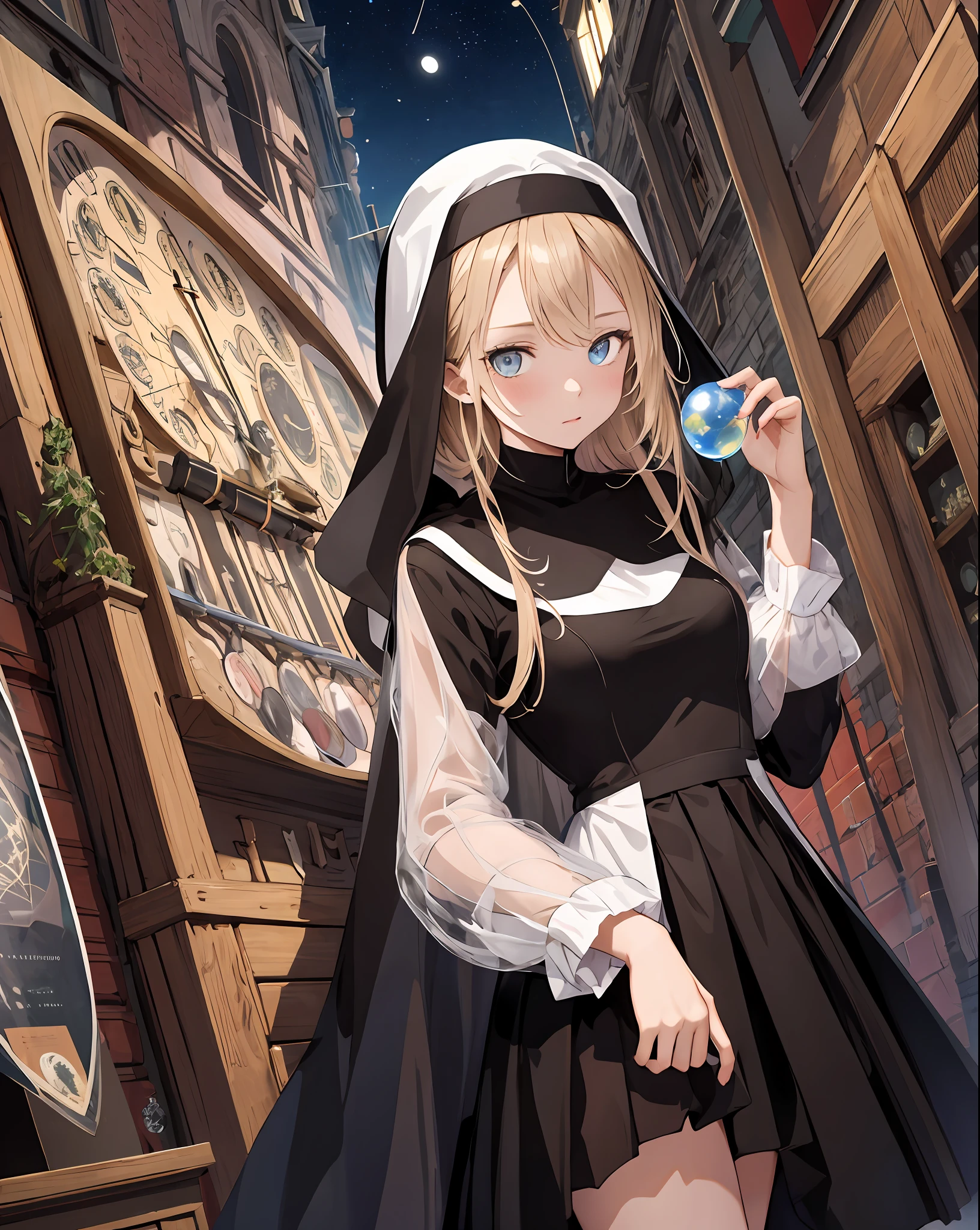 1girl,astronomical clock ,binoculars ,juliet sleeves,nun,crystal ball, pleated dress,plant, ,