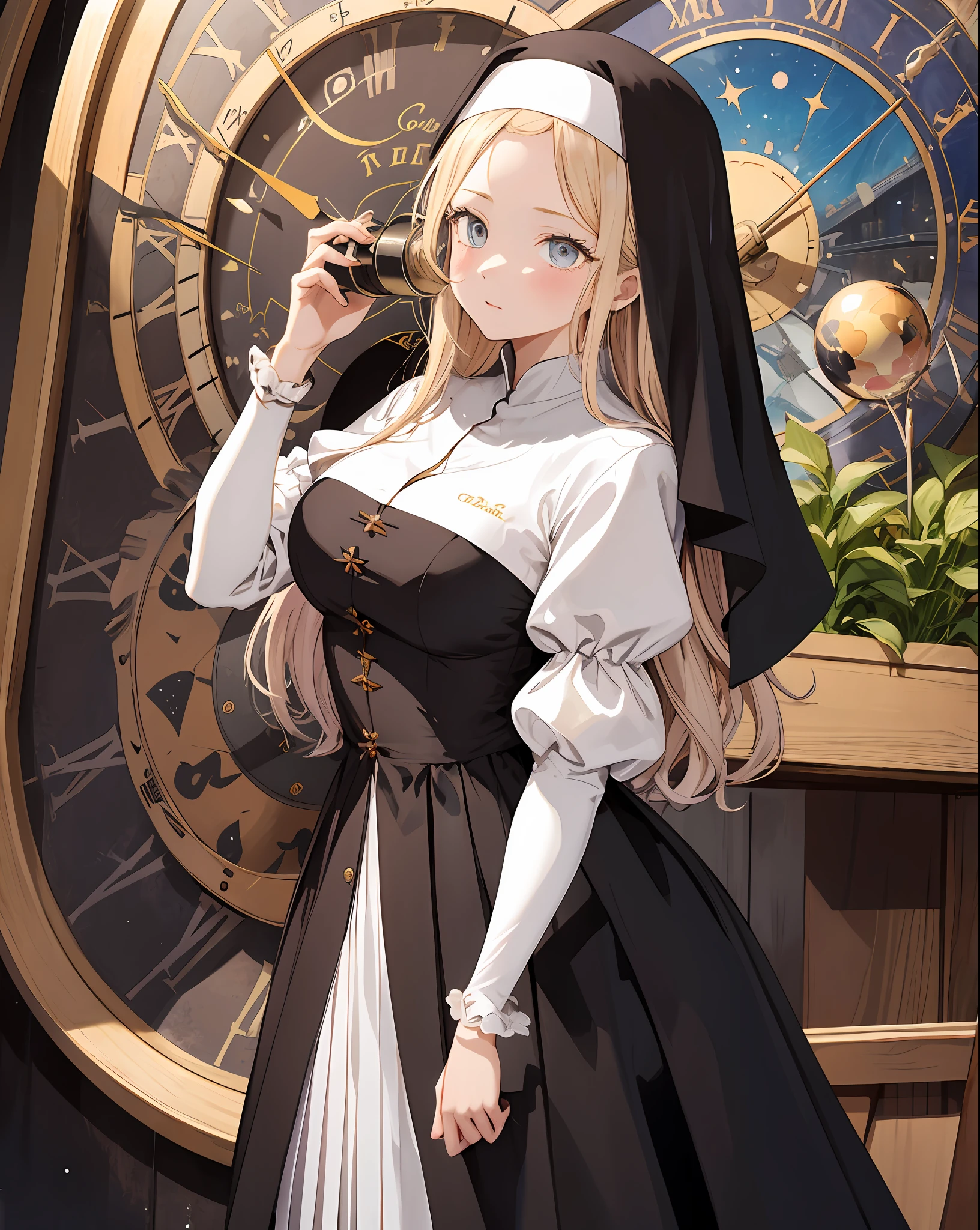 1girl,astronomical clock ,binoculars ,juliet sleeves,nun,crystal ball, pleated dress,plant, ,