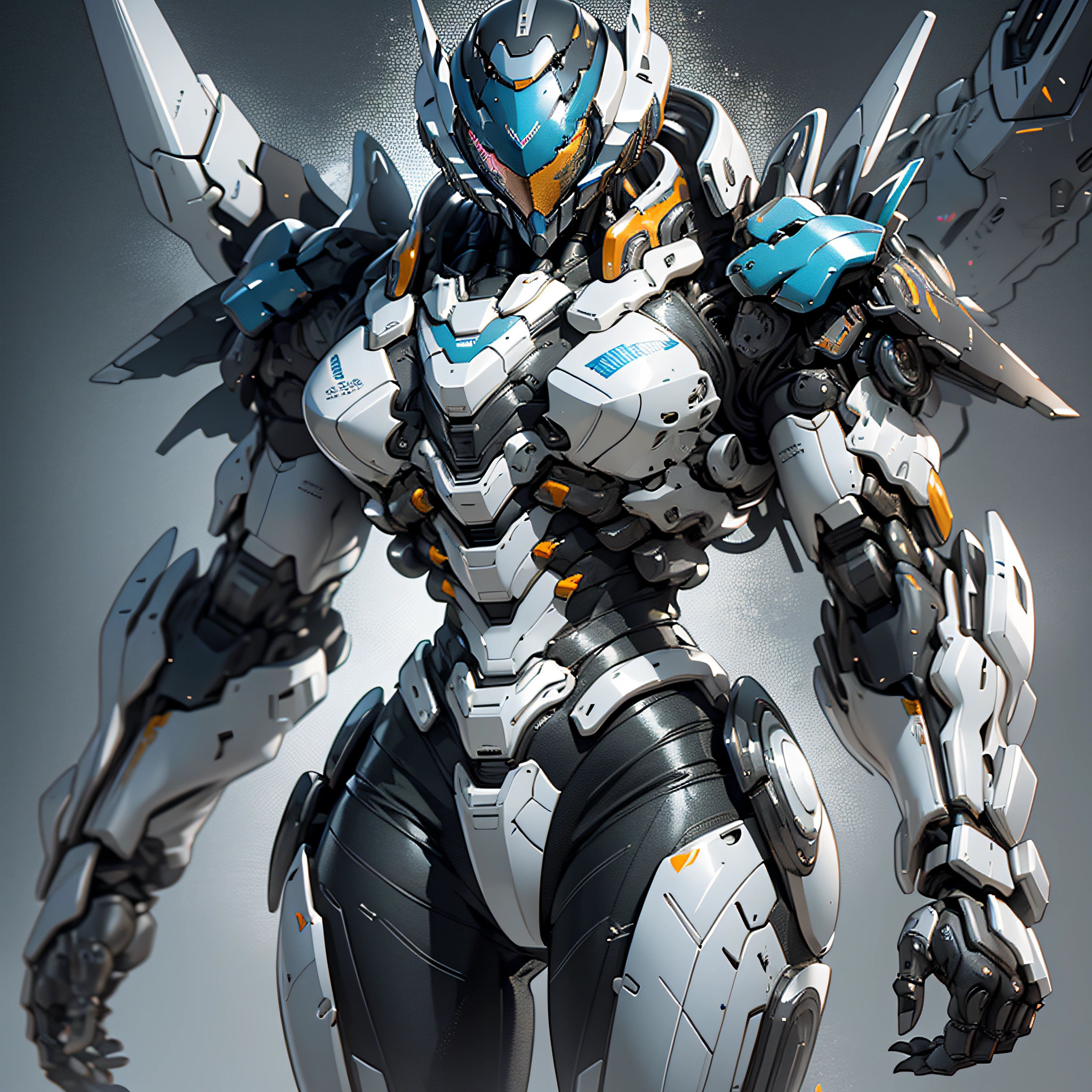 "1 female character inside a massive, robust silver chrome intricate exoskeleton robot, adorned in (bulky) silver (chrome) and black intricate armor, creating a powerful mecha aesthetic. The artwork features an emphasis on ink-style detailing, clean lines, negative space utilization, high contrast, and a captivating gradient color scheme, photo-realistic, octane render, unreal engine, ultra-realistic