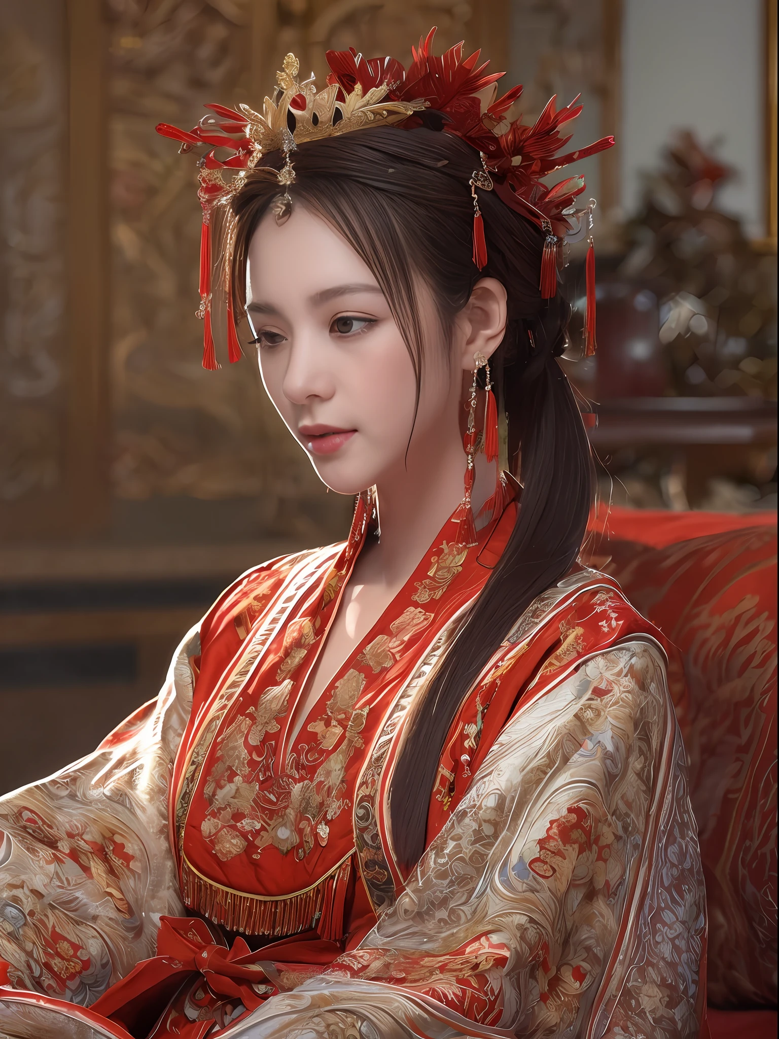 (Best quality: 1.1), (Realistic: 1.1), (Photography: 1.1), (highly details: 1.1), A woman wears a red and gold dress，Woman with a crown on her head, A hair stick, (sitting on red bed), Blushing, Shy, black_Hair, crown, Looking down, (2 red candles), Chinese_clothes, Curtains, Earrings, Hair_decorations, Hanfu, interiors, jewelry, Long_Sleeves, Red dress, Redlip, nipple tassels, (Red quilt), (red palace: 1.2), (3DMM: 1.5),mix4,