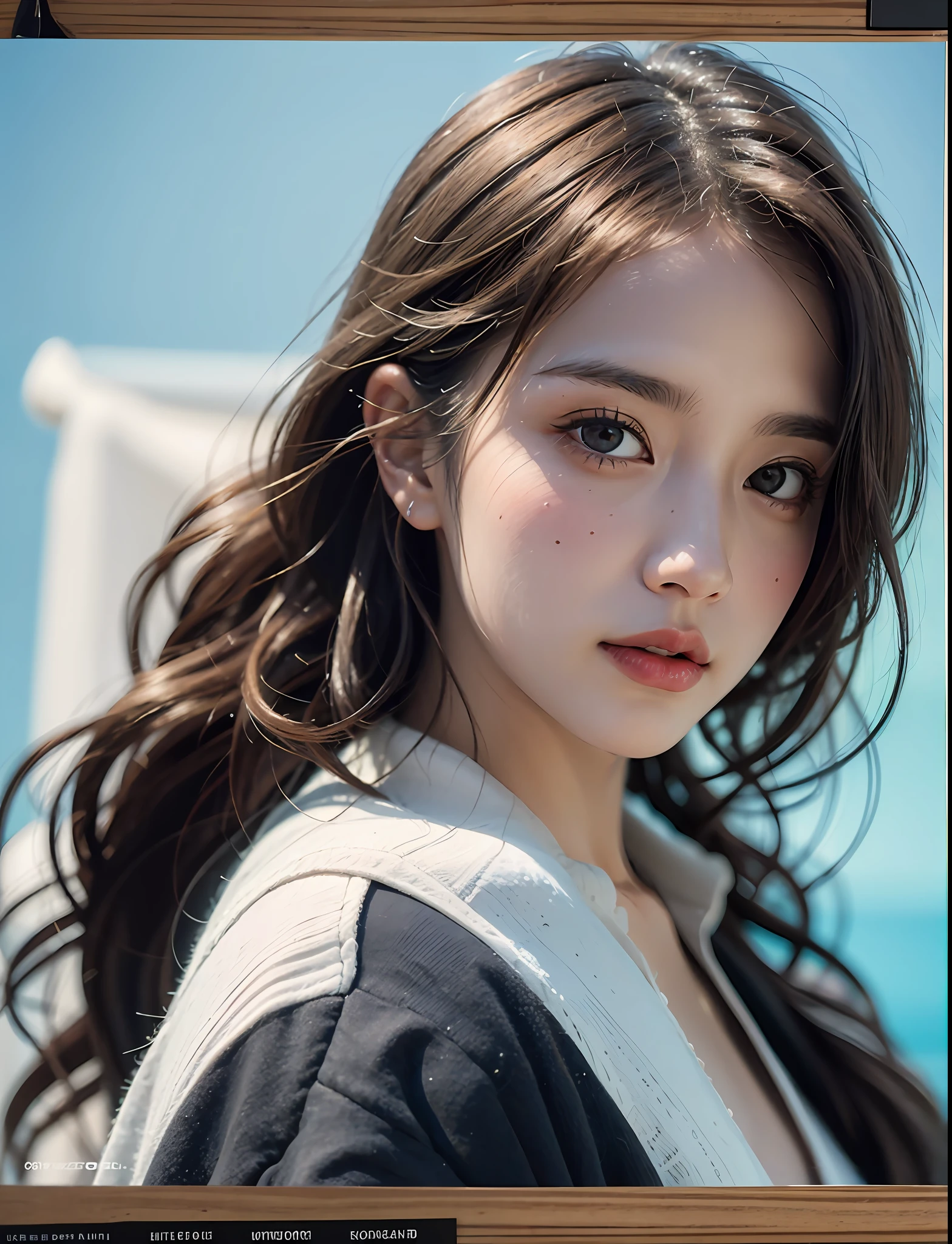 Best Quality, Masterpiece, The ultra-Highres, (film grain:1.4),digital photography, bangss,Cinematic lighting,(fujicolor:1.2) portrait of a,
face closeup,Clear pores,1Girl, looking up at viewer,blue background (Photorealistic:1.2)