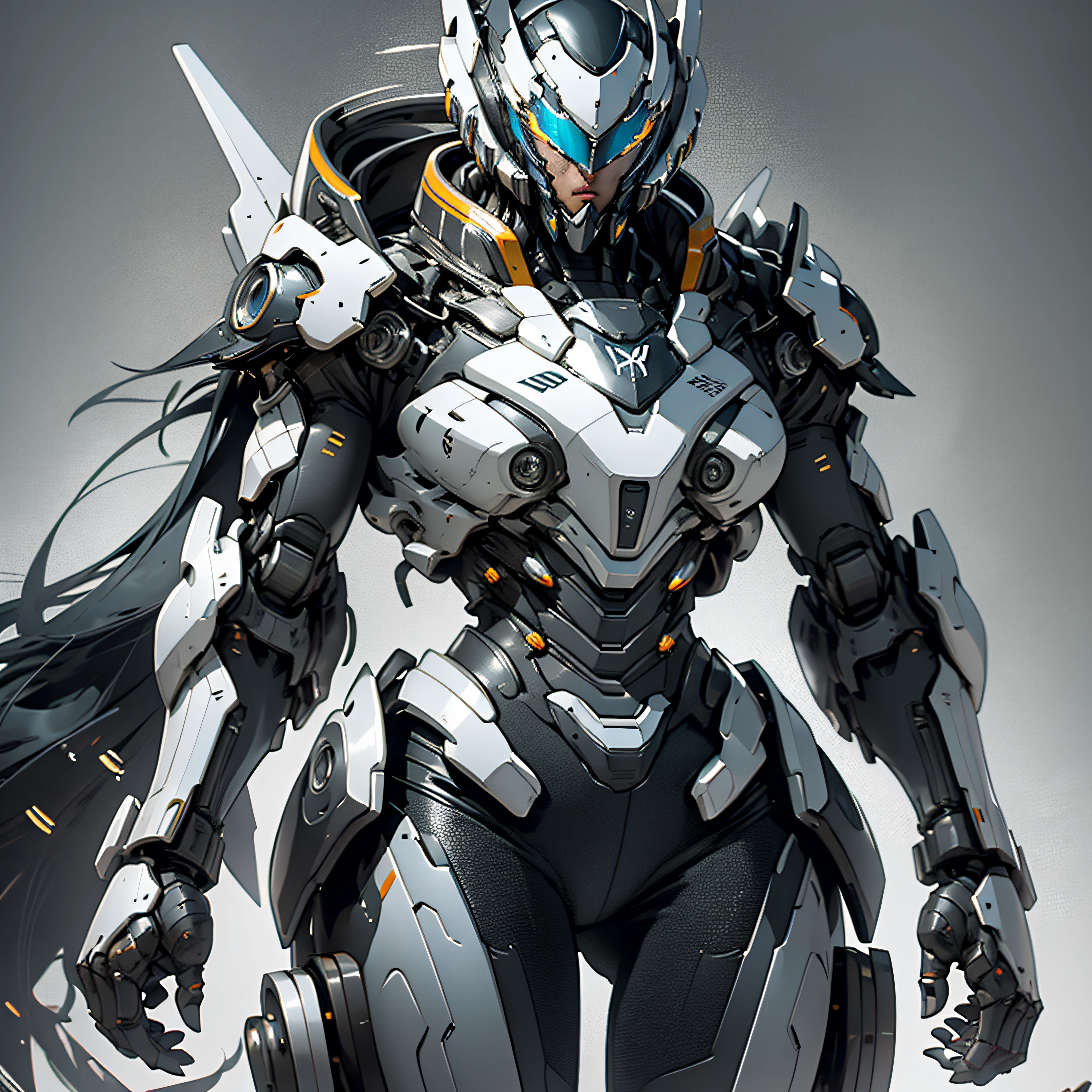 "1 female character inside a massive, robust silver chrome intricate exoskeleton robot, adorned in (bulky) silver (chrome) and black intricate armor, creating a powerful mecha aesthetic. The artwork features an emphasis on ink-style detailing, clean lines, negative space utilization, high contrast, and a captivating gradient color scheme, photo-realistic, octane render, unreal engine, ultra-realistic