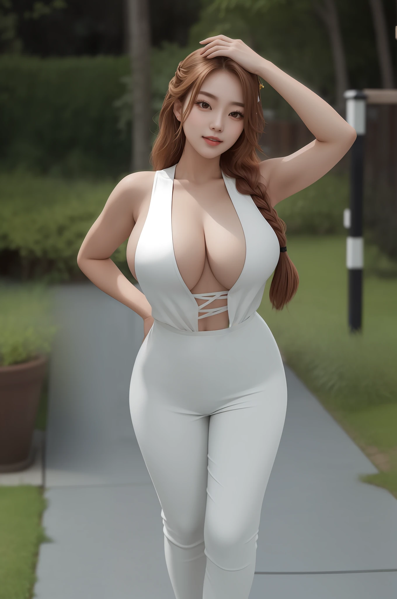 An Idol k-pop girl, (cute face, lewd face), braid hair, intricate face details, detailed face, golden ratio face, ((big breasts:1)), ((slim waist, big butt, big hip, big thighs)), ((intricate hands, detailled hands)), ((intricate feets, detailled feets)), full body, 64K, UHD, HDR, global illumination, (high quality, high detailed, hyper detailed, extremely detailed), photo realistic, ultra realistic, art photo, (clarify the details, detailed parts body), intricate artwork masterpiece, trending on artstation, (light smile), tight clothes, (she is sexually aroused), ((polished skin:1,9)), (polished clothes:1,9), look at viewer, walkingin garden, trees, plants, road