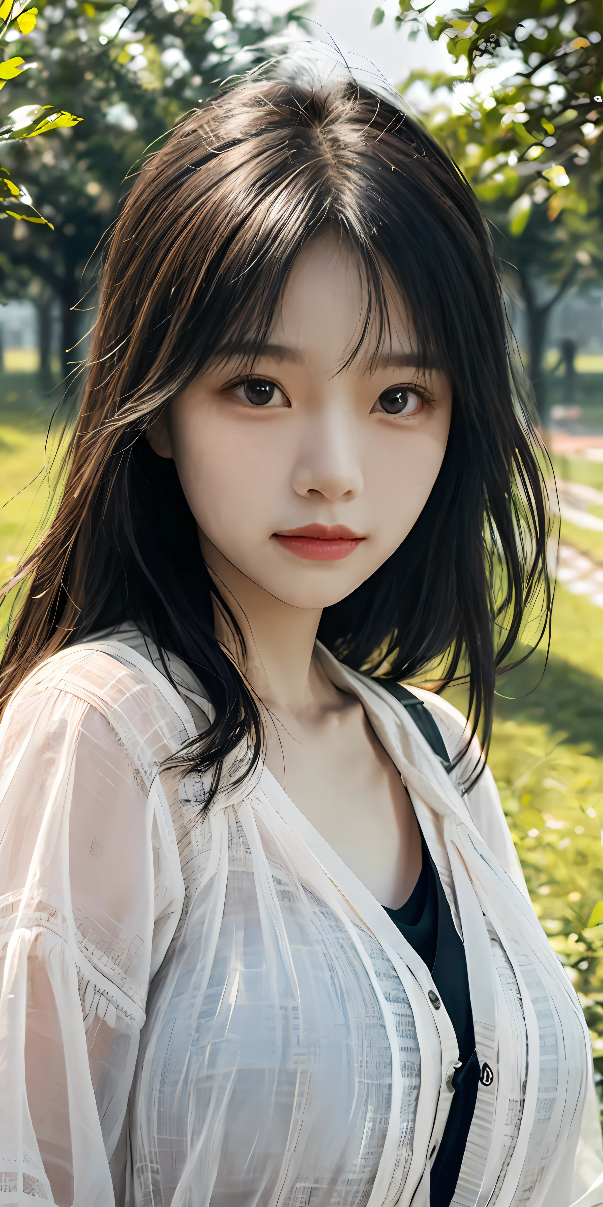 （1girll：1.3）， 独奏， （（（very vey very detailed face））），（（very detailed eyes and faces））），beatiful detailed eyes，Body parts__，offcial art，Unified 8k wallpaper，ultra-detailliert，Beautiful and beautiful， beautiful，tmasterpiece，best qualtiy，primitive，tmasterpiece，ultra fine photos，best qualtiy，超高分辨率，photorealistic realism，rays of sunshine，full-body portraits，stunningly beautiful，，dynamicposes，Goose egg face，Peach blossom eyes，年轻，Simple and kind,The humble looke eyes makes one can't help but profane，Bigchest，Vibrant eyes，（From the front side）， Very detailed campus background with grass and trees， 详细的脸，detailed complex busy background，Untidy，opulent，milkyW，highly detailedskin，Realistic details of skin，Visible pores，Clear focus，volume fog，8K  UHD，digital SLR camera，high qulity，filmgrain，White skin of the，photo-realism，DL，A huge metropolis of the dystopia of the future， semi transparent，Realiy，Shen Youchu