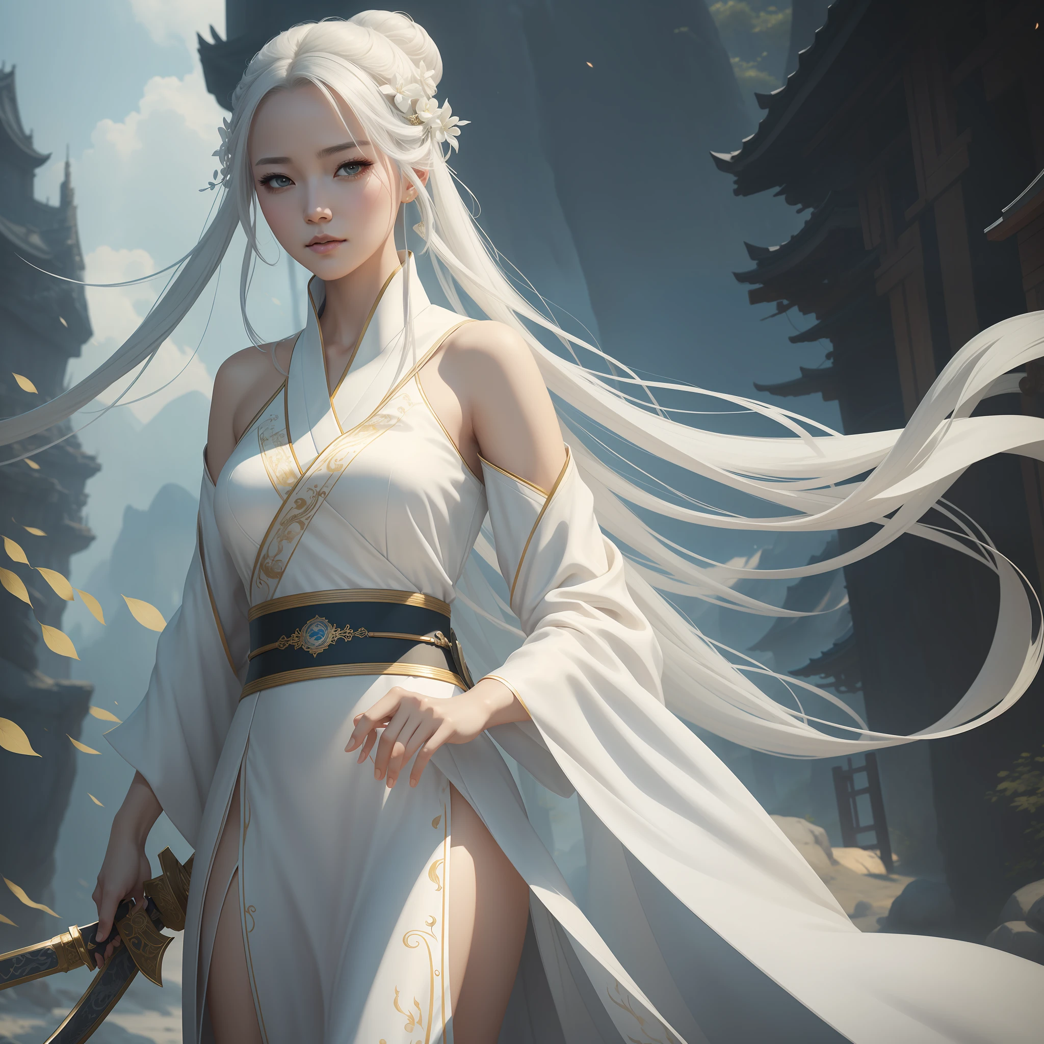 a close up of a woman with a sword in a white dress, a character portrait by Yang J, trending on cgsociety, fantasy art, beautiful character painting, artwork in the style of guweiz, guweiz, white hanfu, flowing white robes, full body wuxia, epic exquisite character art, stunning character art, beautiful female assassin