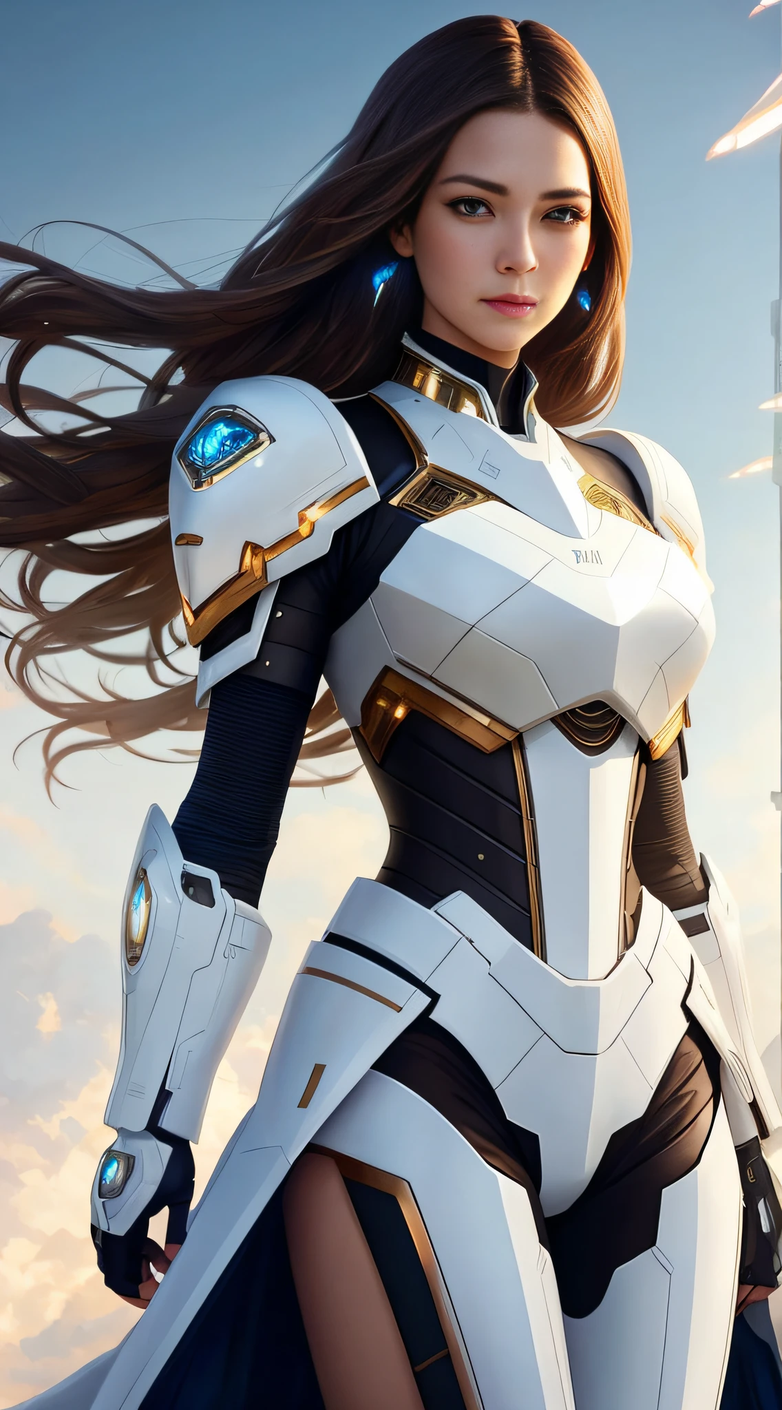 Beautiful cyborg portrait with 8k brown hair，iintricate，ellegance，White armor，Highly meticulous，A majestic，digital photography，The art was painted by Artgerm and Ruan Jia and Greg Rutkowski by Surrealism，brokenglass，（tmasterpiece，Sideslit，exquisite and beautiful eyes：1.2 ，white color mecha), Human Development Report,