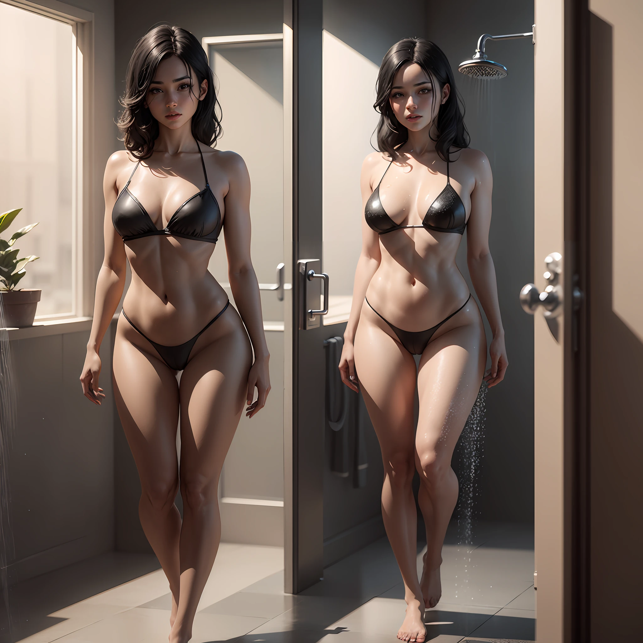 Black hair, hyperrealism, 8K, super detaill, Showering, full body, perfect body figure, matte painting, 3Dmm, unrealengine,