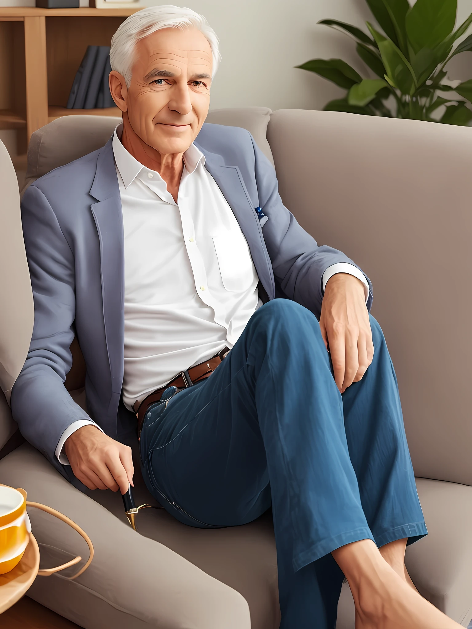 A mature man sitting on a sofa brushes TikTok