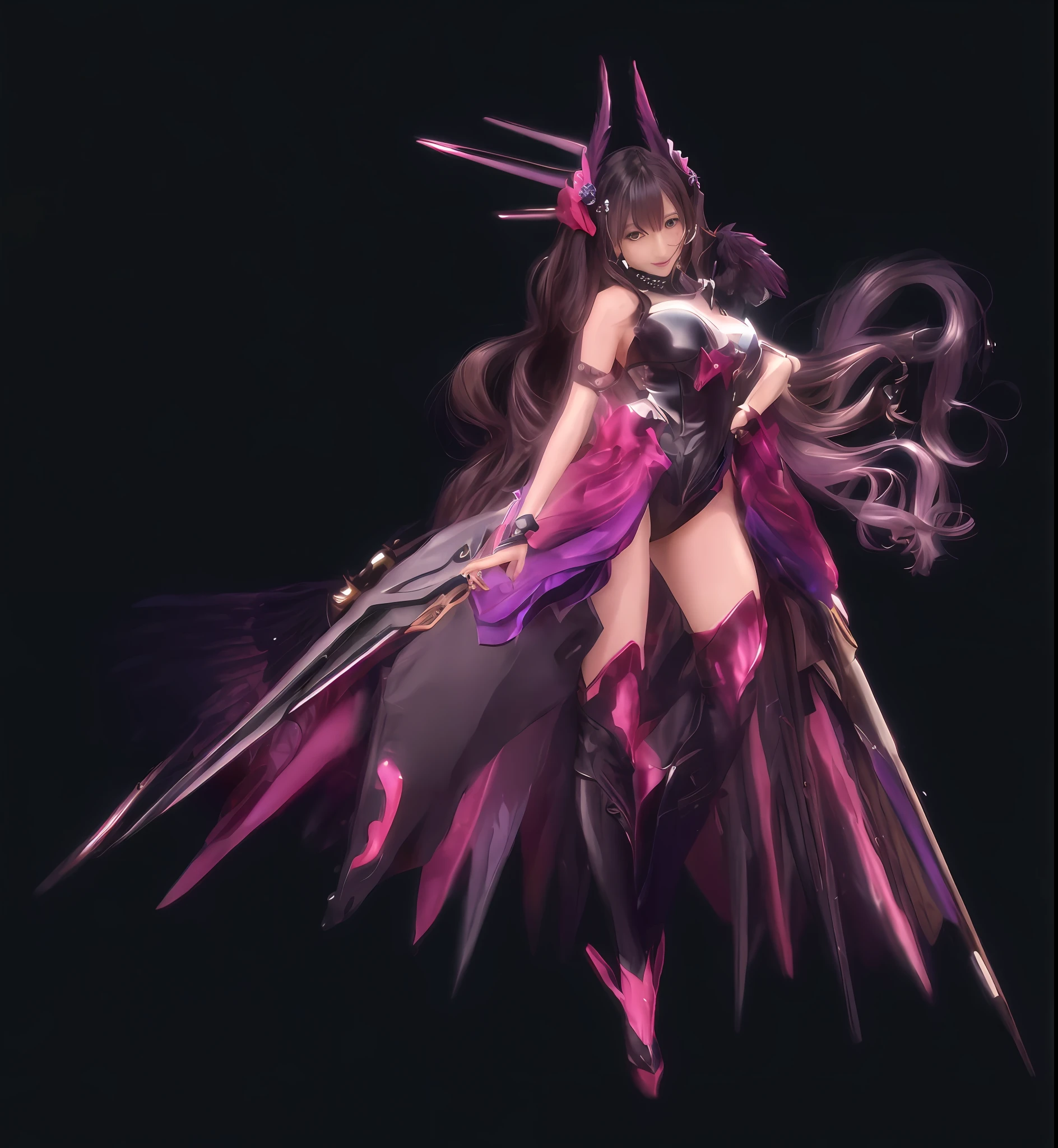A hyper-realistic、ultra-detailliert、top-quality、hight resolution、Android cosplay with crow motif、Japan gravure idols、30-year-old goddess with long hair and purple dress