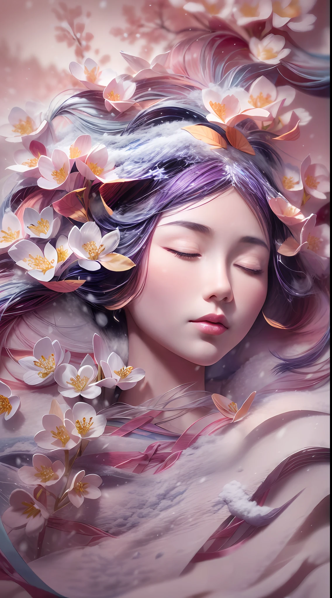 illustration: 1.3), paper art, 3D rendering of, , (Beautiful side face，closing her eyes:1.3), (Representative work plum blossoms:1.2)(Masterpiece snow:1.2) , Colorful, Best quality, Detailed details, Masterpiece, offcial art, movie light effect, 4K, Chiaroscuro , Flash