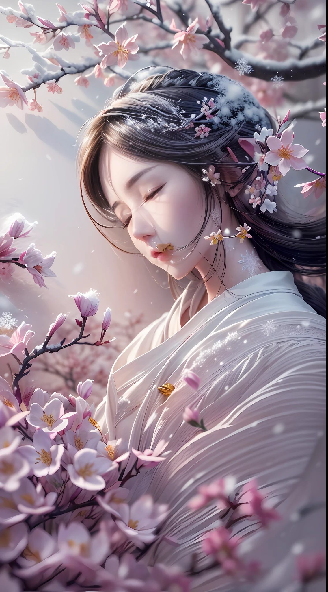 illustration: 1.3), paper art, 3D rendering of, , (Beautiful side face,closing her eyes:1.3), (Representative work plum blossoms:1.2)(Masterpiece snow:1.2) , Colorful, Best quality, Detailed details, Masterpiece, offcial art, movie light effect, 4K, Chiaroscuro , Flash
