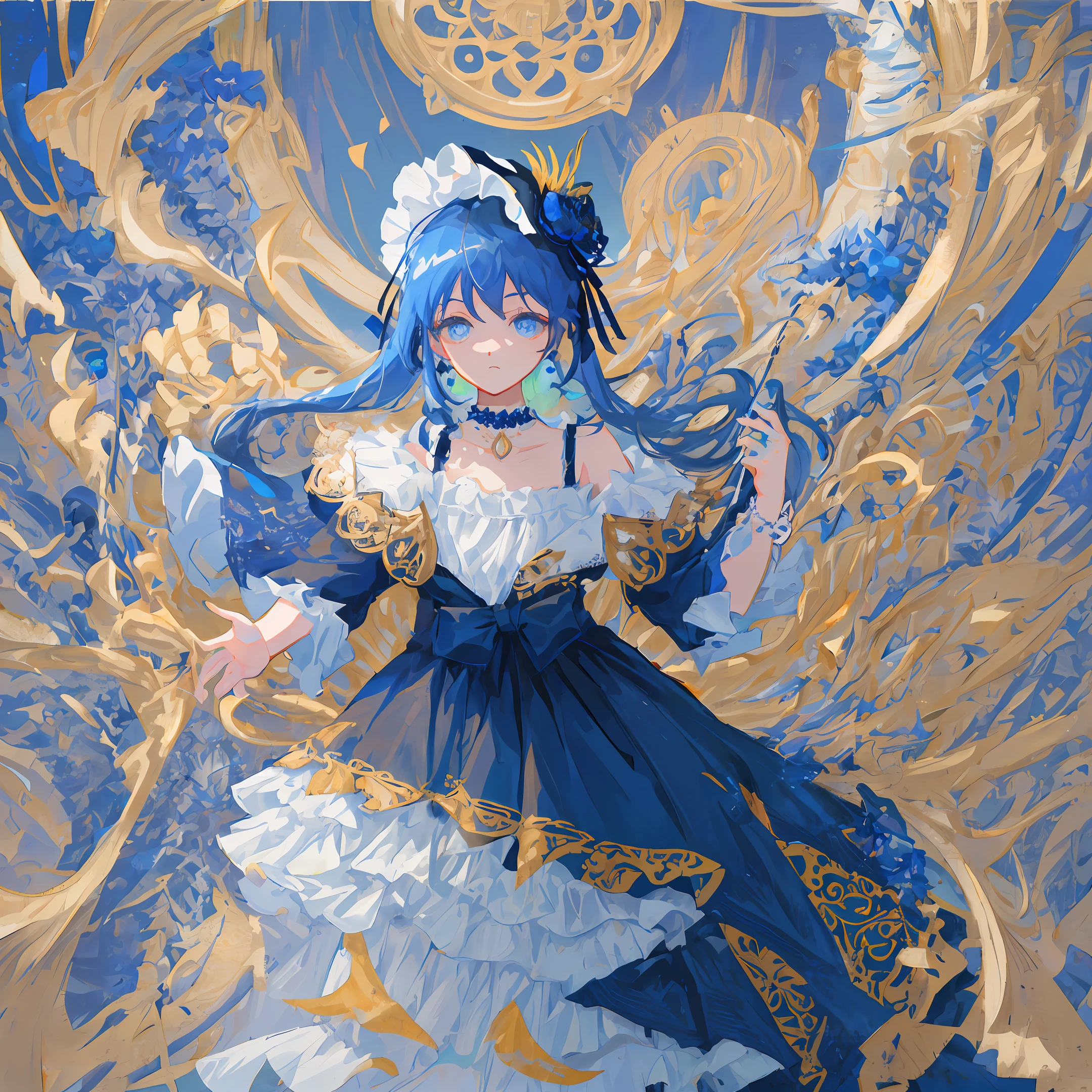 (masterpiece, best quality, illustration), 1 little girl, face focus, long blue hair, half updo, expressionless face, glaring, (long navy blue Lolita style dress), (ribbon decoration on dress), bonnet hat, full body, (fighting motion pose), cornflower on bonnet, loli, (capelet), (choker), (intricate ornament), (Magical Girl), (magical girl costume), detail, (magic effect: 1.3), (flowing dress: 1.2), Dynamic Angle