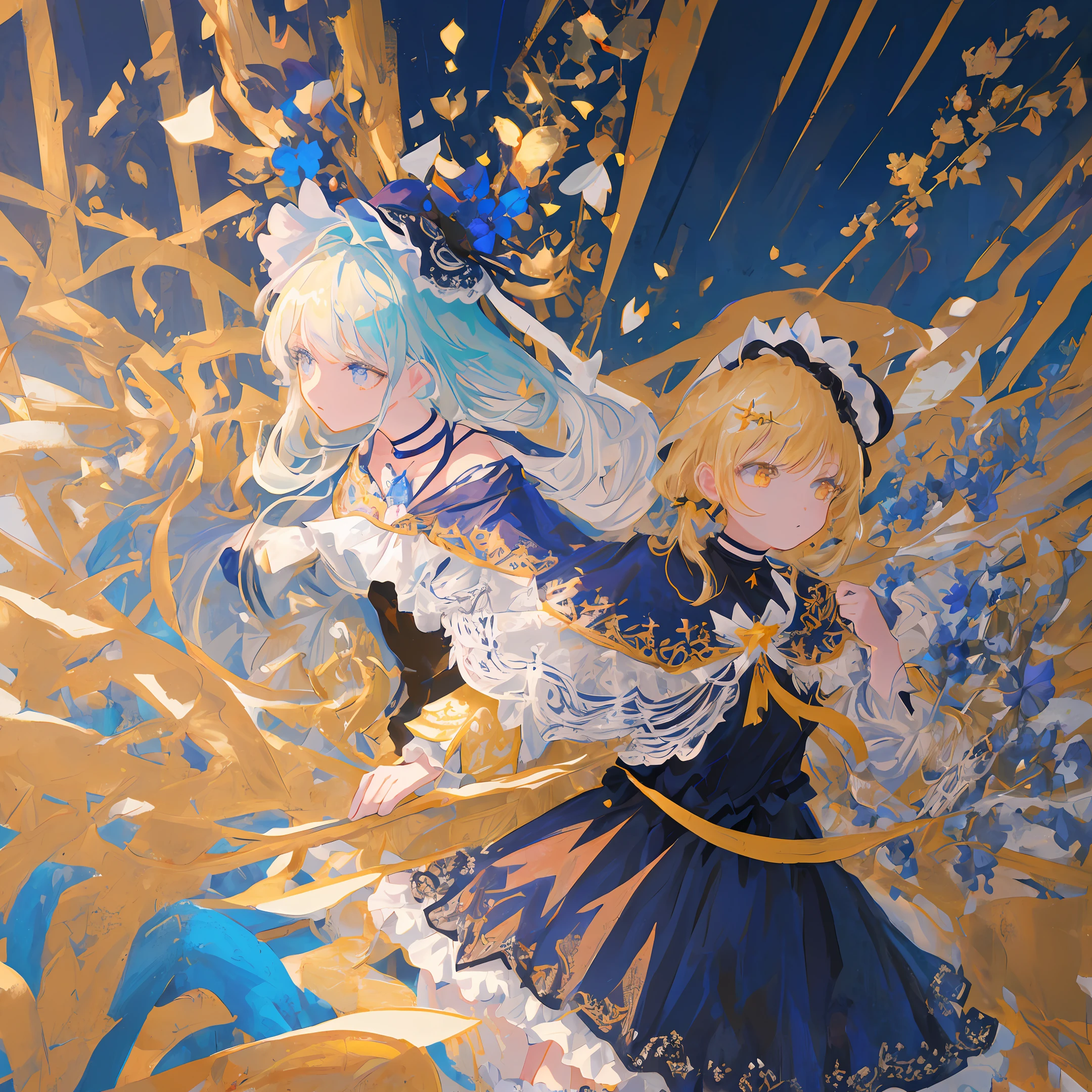 (masterpiece, best quality, illustration), 1 little girl, face focus, long blue hair, half updo, expressionless face, glaring, (long navy blue Lolita style dress), (ribbon decoration on dress), bonnet hat, full body, (fighting motion pose), cornflower on bonnet, loli, (capelet), (choker), (intricate ornament), (Magical Girl), (magical girl costume), detail, (magic effect: 1.3), (flowing dress: 1.2), Dynamic Angle