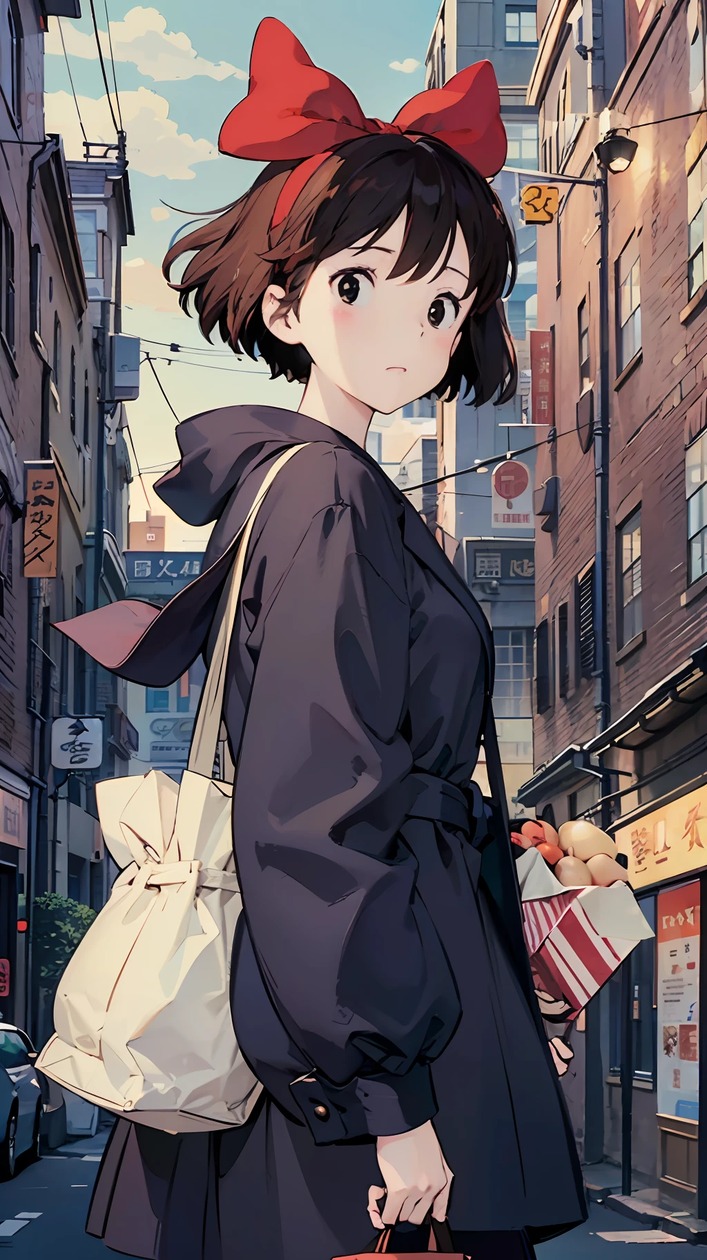 The highest image quality、Exceptional detail、超A high resolution、(真实感:1.4)、The best illustrations、Favor the details、Carrying a big bag、Kiki posing cute、The background is the office district of the city、Black coat、Red ribbons、kiki、Gigi、active、