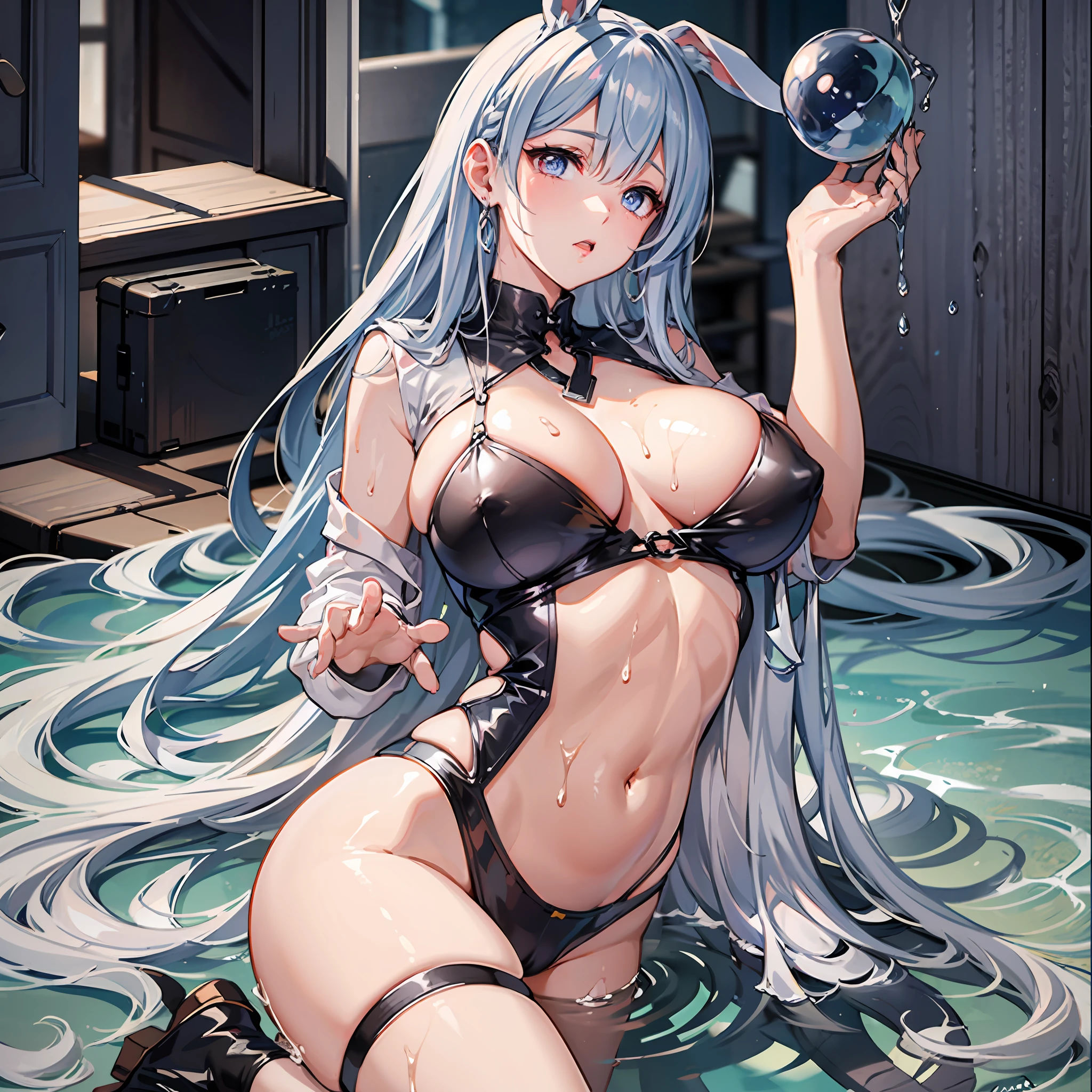 Masterpiece, premier quality, ultra high def, Maximum resolution, Very detailed, peau propre, Anime, Retourner la culotte avec les mains, Soutien-gorge retournant avec les mains, Pulling clothes with your hands, corps entier, nu, Mince, very cute, visage jeune, , yeux rouges, cheveux mi-longs, silver-haired, braided hair, lying down, Jambes grandes ouvertes, raised legs, Turning clothes over with your hands, Twisting clothes with hands, Costume blanc, Oreilles de lapin, Lapin, Half-undressed, wet clothes, WET BODY, thin-skinned clothing, clothing with visible breast tips, sueur, breasts protruding from clothing, Clothes with transparent belly, sous les seins, Embarrassant, rougir, Se vanter, clivage, Crotch shows through, Areola see-through, Zone pubienne ouverte, ouvrir, Zone pubienne visible, Lancement vaginal, minora, penetration, liquide blanc, avec deux hommes