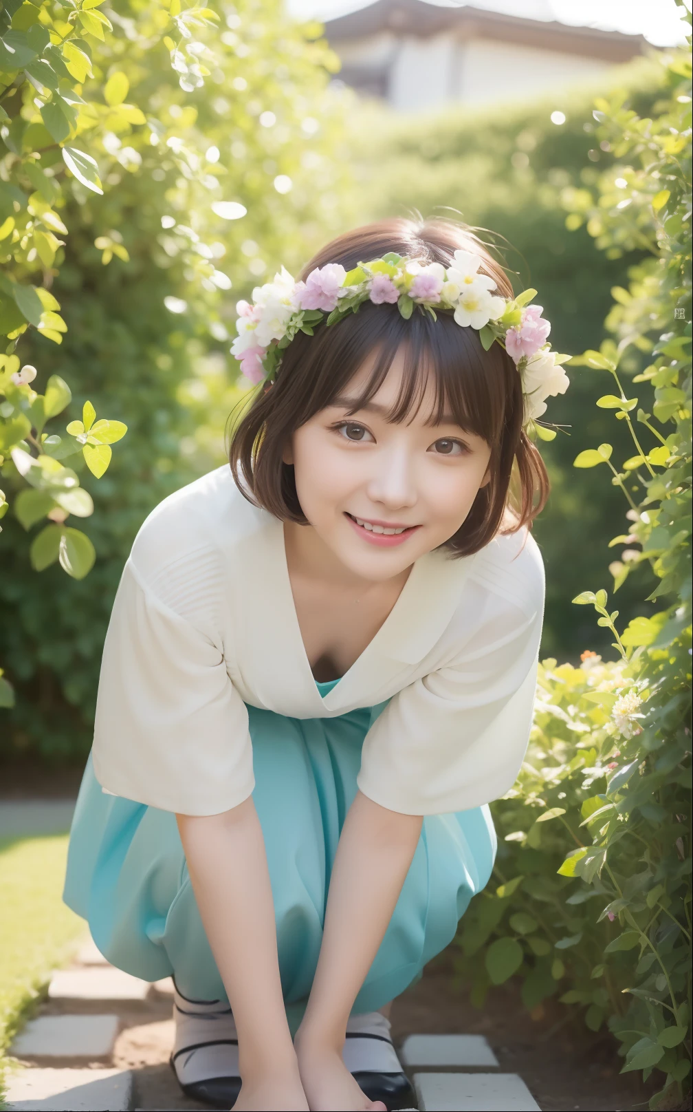 (top-quality、in 8K、32K、​masterpiece、nffsw:1.2)、Cute Japan woman in short cut wearing flower crown in spring flower garden、beauitful face、crouching down、outside of house、the wind、shinny skin、blurry backround
