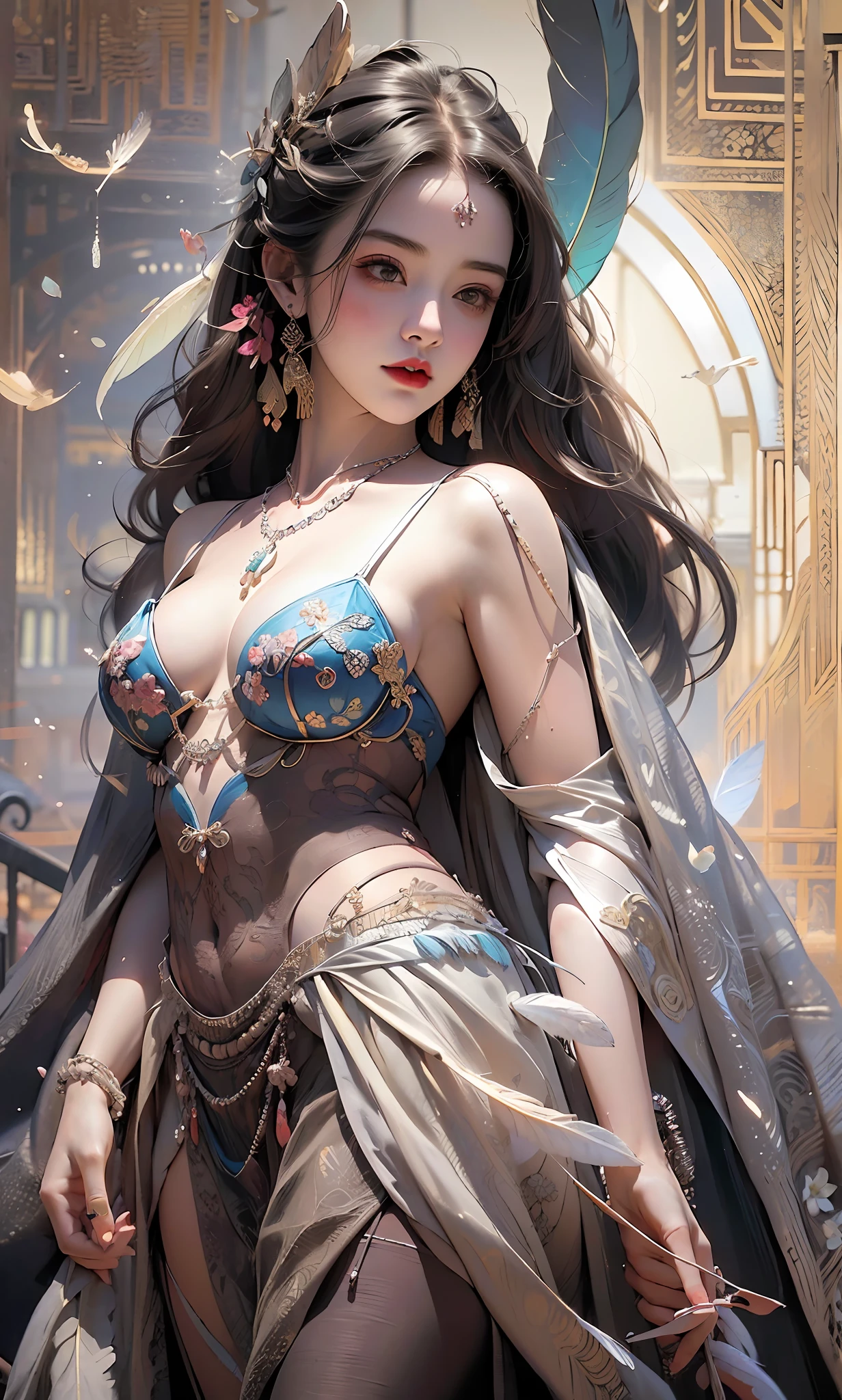 (masterpiece, top quality, best quality, official art, beautiful and aesthetic:1.2), (1girl:1.3), extremely detailed,(fractal art:1.1),(colorful:1.1)(flowers:1.3),highest detailed,(zentangle:1.2), full body, (abstract background:1.3), (shiny skin), (many colors:1.4), ,(earrings), (feathers:1.5),