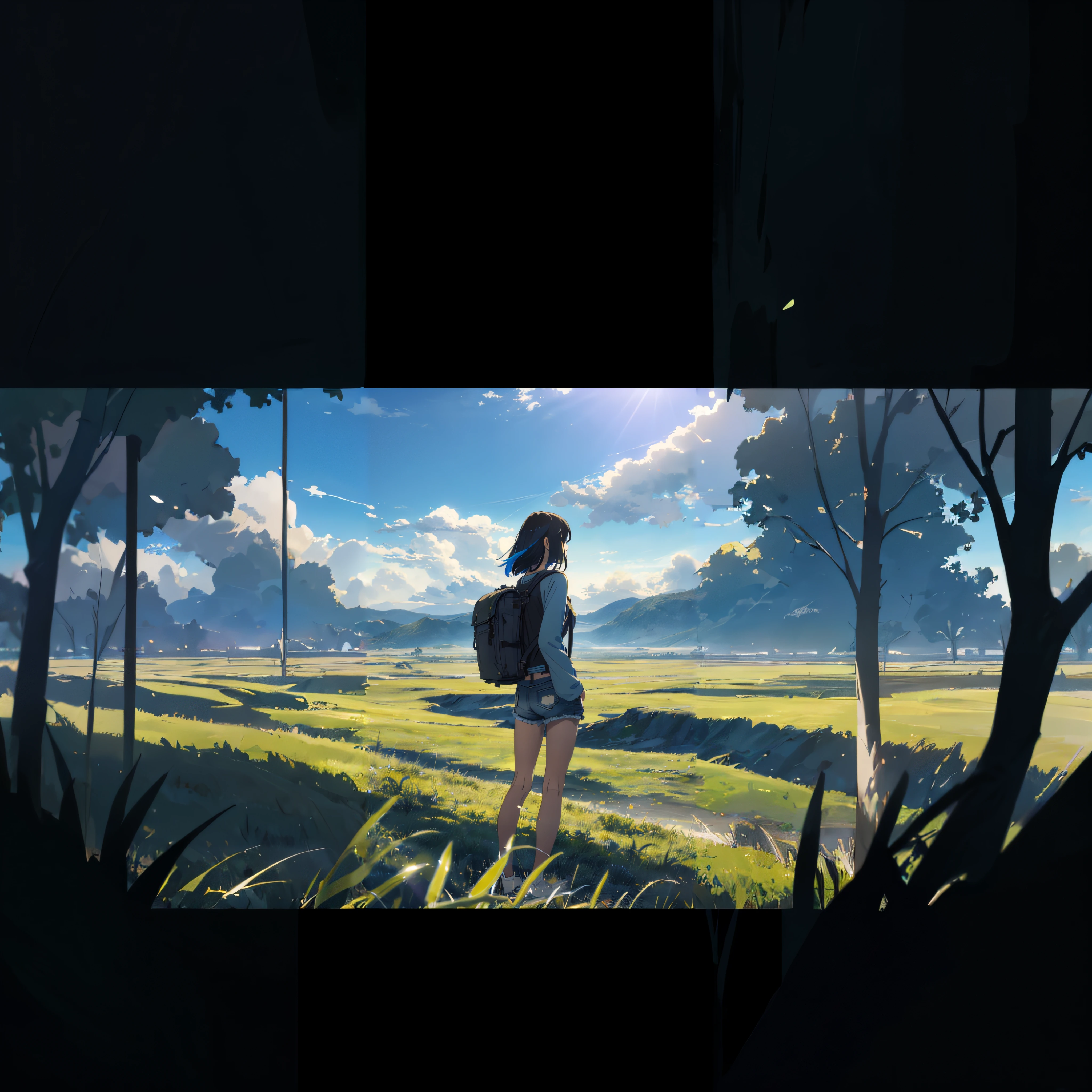 There was a woman walking through a field with a backpack on her back, ( ( Makoto Shinkai ) ), Makoto Shinkai. —h 2160, in the style of makoto shinkai, Makoto Shinkai!, Makoto Shinkai's style, Shinkai sincerely, Shinkai Makoto style, studio glibly makoto shinkai