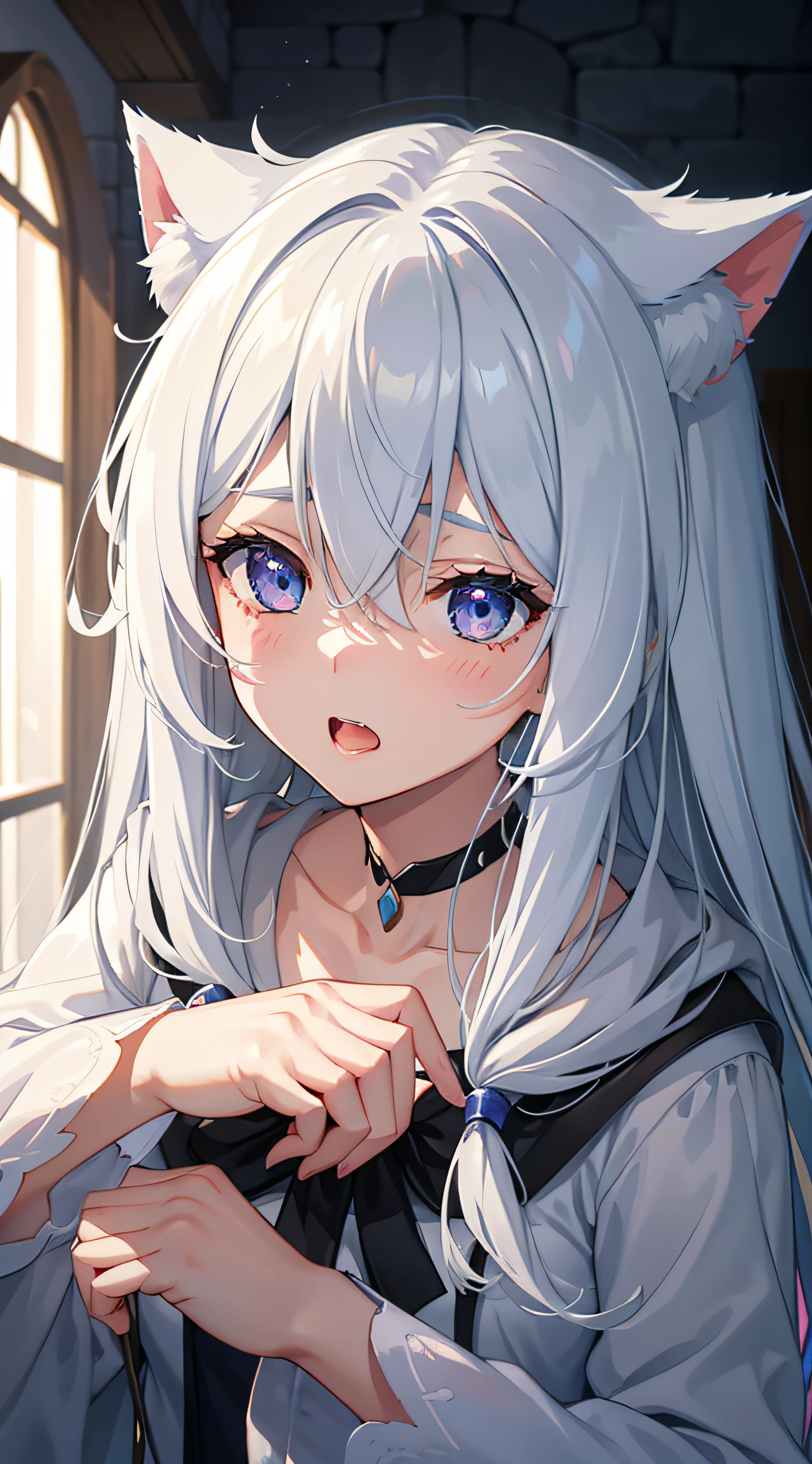 Silvery hair, Gradient hair, Asymmetrical hair, hair between eye, crossed bangs, Separate bangs, Very long hair, asymmetricalbangs, crystal hair, Expressive hair, Hairline, hair splayed out, Take off your mask, Gradient eyes, Water-colored eyes, Purple eye, headphones with cat ears, with her mouth open, Be red in the face, Moaning, rough breath, Saliva drawing, JK costumes, Lie down in bed,reaching out her hands, high detal, style of anime, Ray traching, motionblur, Seven-doppelganger shot,Shot above the calf, hyper HD, tmasterpiece,acurate、super detailing、high detal、high qulity、anatomically correcte、best qualtiy、A high resolution、16k