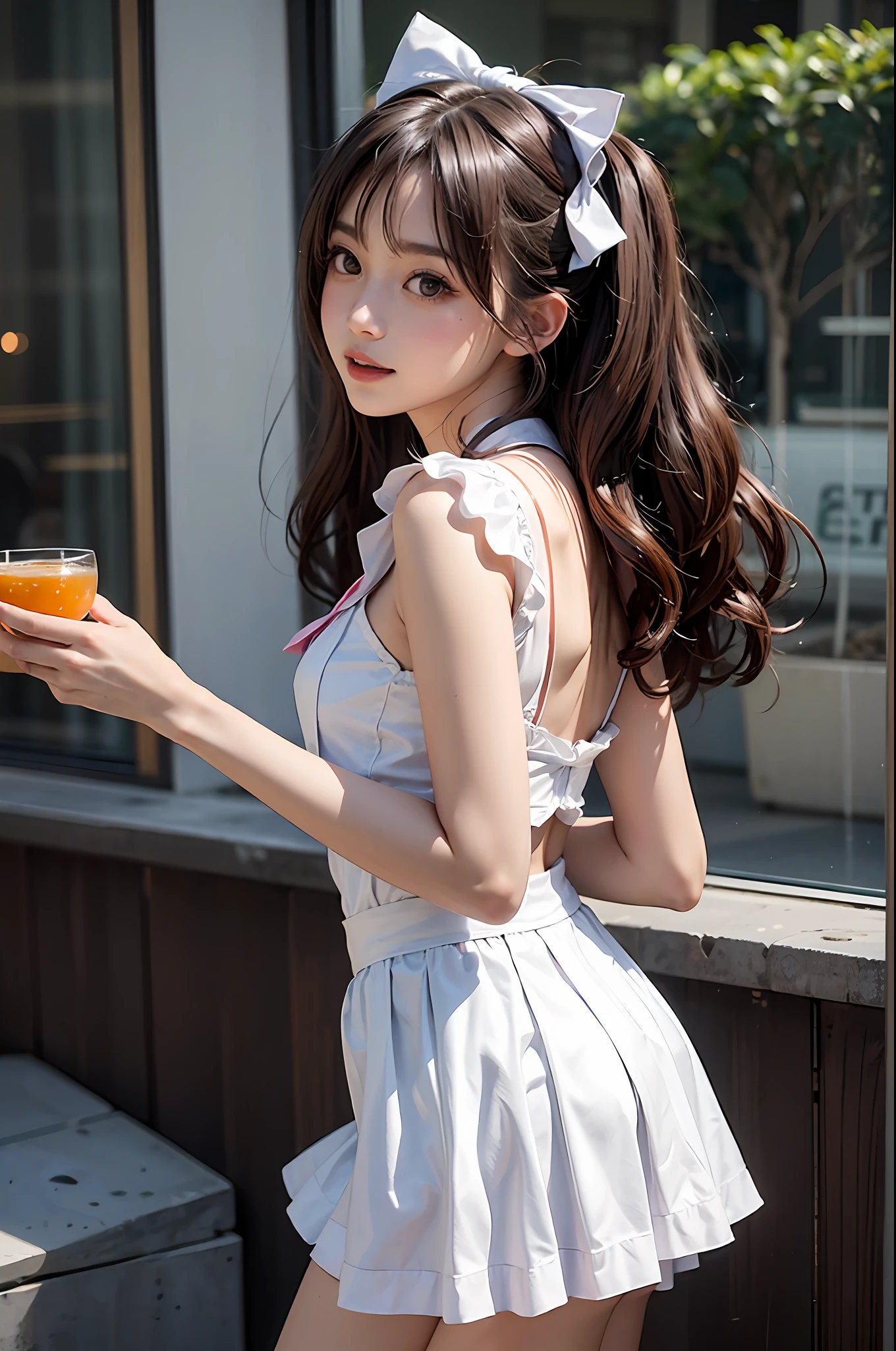 Bar,1girll,double tails,brown hair,Qi bangs,curlies,maid,Flying,White sailor suit and short skirt,pink bows,16-year-old female model,Side,
