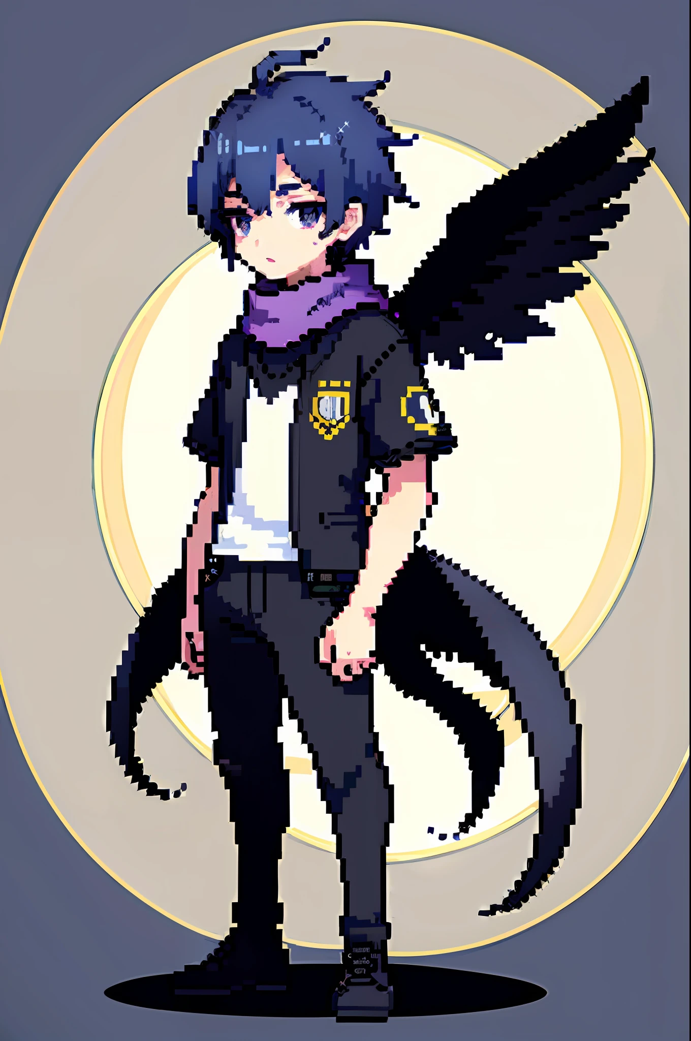 (tmasterpiece,top Quority,best qualtiy),pix,pixelart,1boy,full bodyesbian,purple hair,black eyes,youthful,sports attire,scarf,black fabric,black wings