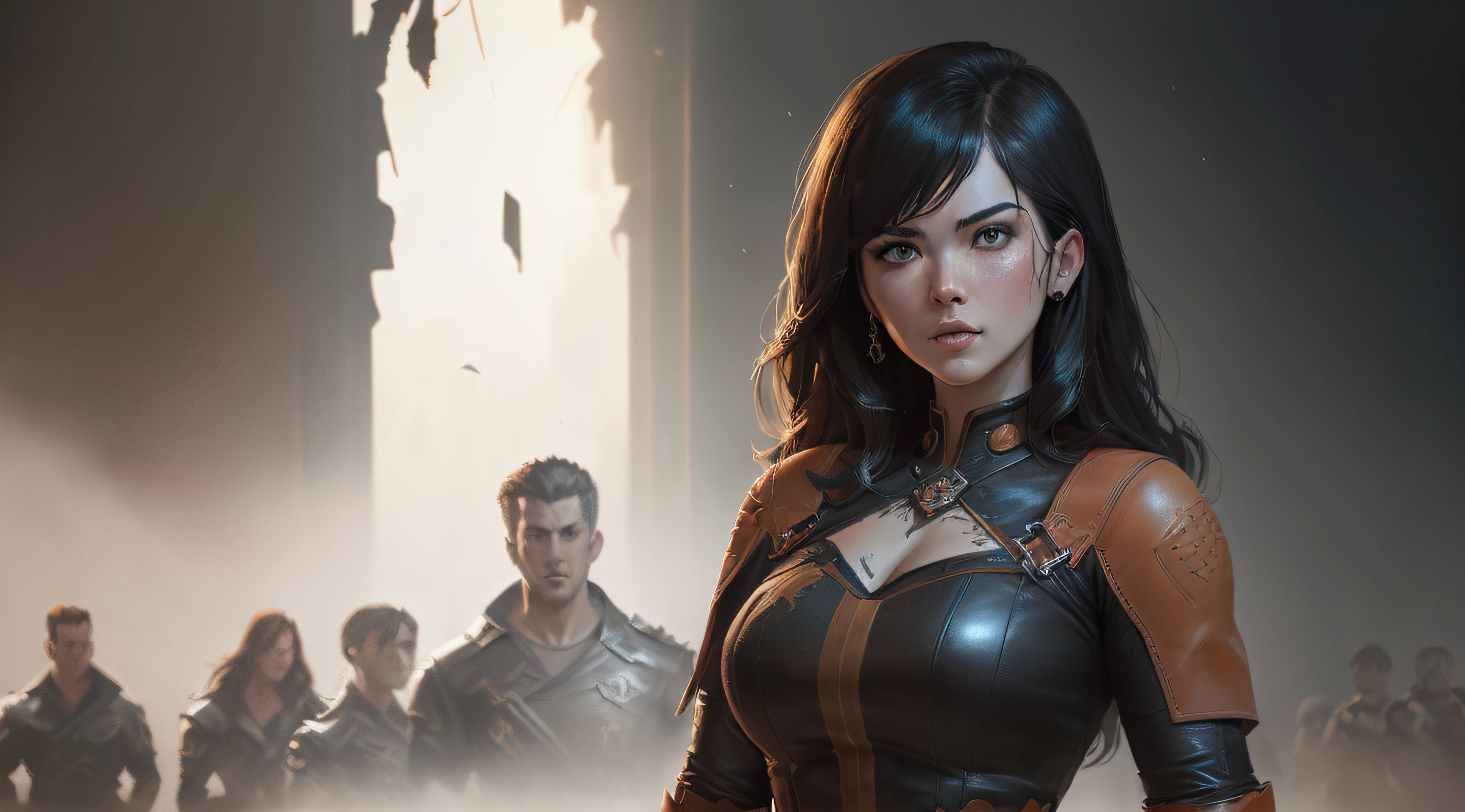 close up, dynamic pose, female heroine, ((epic heroic fantasy muscular rugged wet wounded angry looking with long hair and fierce looking, 32k unity render, action shot, dark lighting, heavy shadows, detailed, detailed face, (vibrant, photo realistic, realistic, dramatic, dark, sharp focus), (weathered damaged old worn leather outfit:1.4), (intricate:1.4), decadent, (highly detailed:1.4), digital painting, octane render, artstation, concept art, smooth, sharp focus, illustration, art by artgerm, (loish:0.23), wlop ilya kuvshinov, and greg rutkowski and alphonse mucha gracias, (global illumination, studio light, volumetric light), heavy rain, particles floating