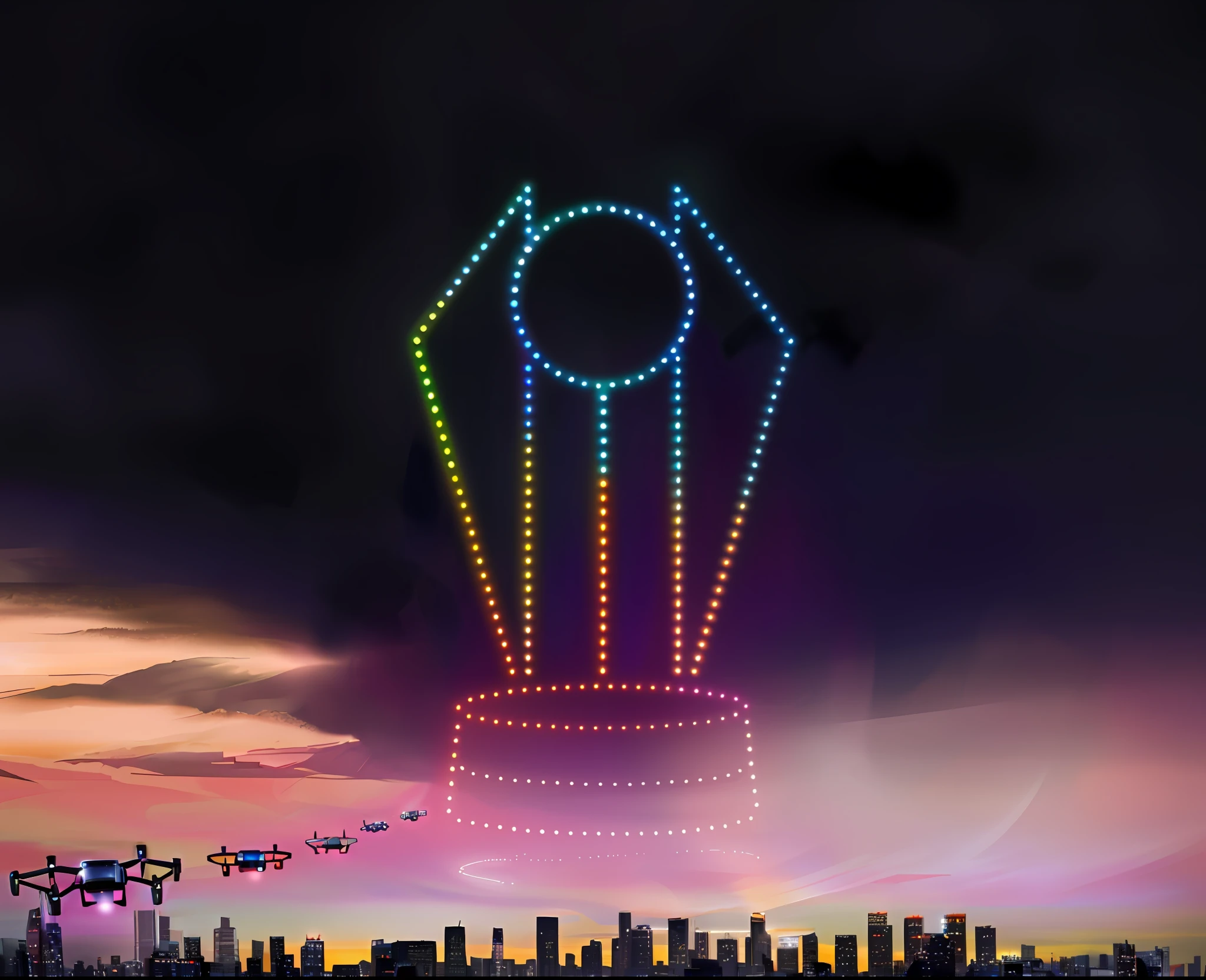 A beautiful photograph of many drones in a dark sky, drones with colorful leds, many drones in the sky at sunset, wonderful, masterpiece, illuminated drones in the sky at night, [drones in the sky]!!, drones in the background, concert of drone presentation, a big light show of drones in the sky, drones, grand finale, lights of drones flying, Sao Paulo City on the bottom