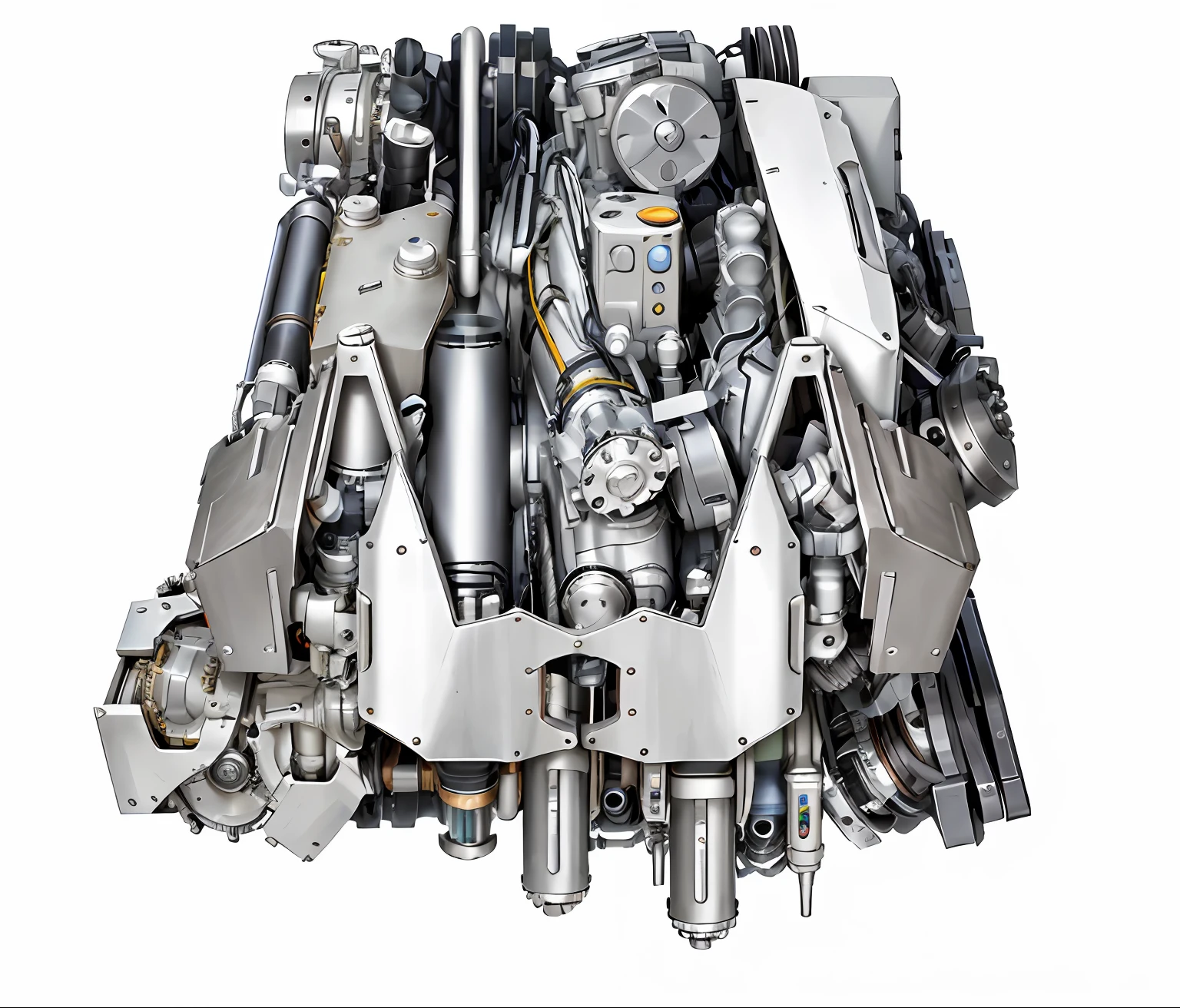 a closeup of a machine with a large engine on a white background, conceito de motor de carro, RE Engine Rendering, High detail illustration, Corte, motor realista, motor frostbite 3 renderizado, bionic drawing exploded, corte, Realistic mechanical details, Actual engine rendering, motor do carro, realistic shaded robotic parts, hyper detail illustration, Ligar. hiperdetalhado