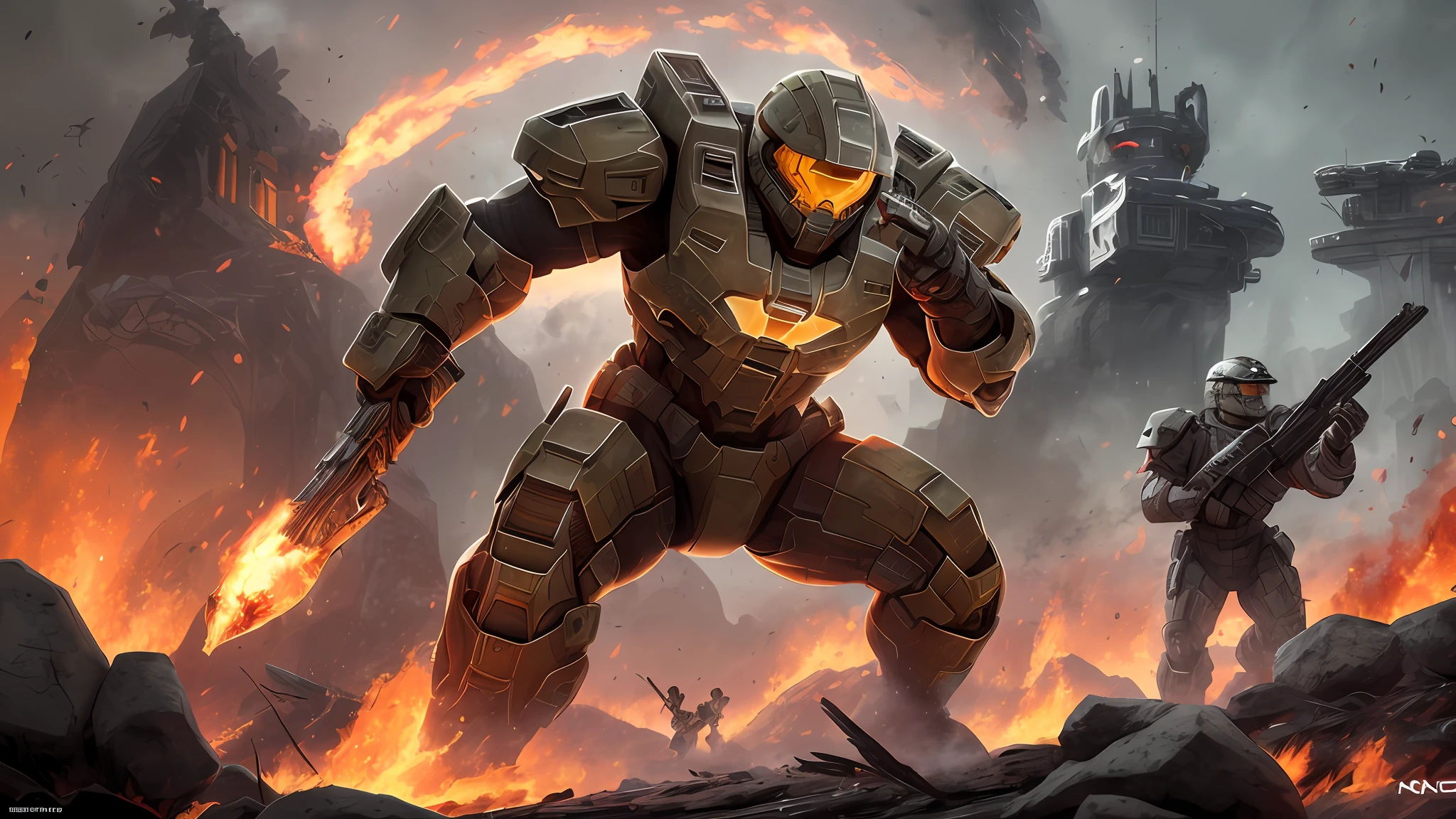 A captivating Halo Reach landscape with a Spartan amidst a battlefield, fallen enemies around, smoke and fire in the background, emphasizing the Spartan's determination and bravery, detailed environment blending chaos and beauty, Illustration, digital art, --auto --s2