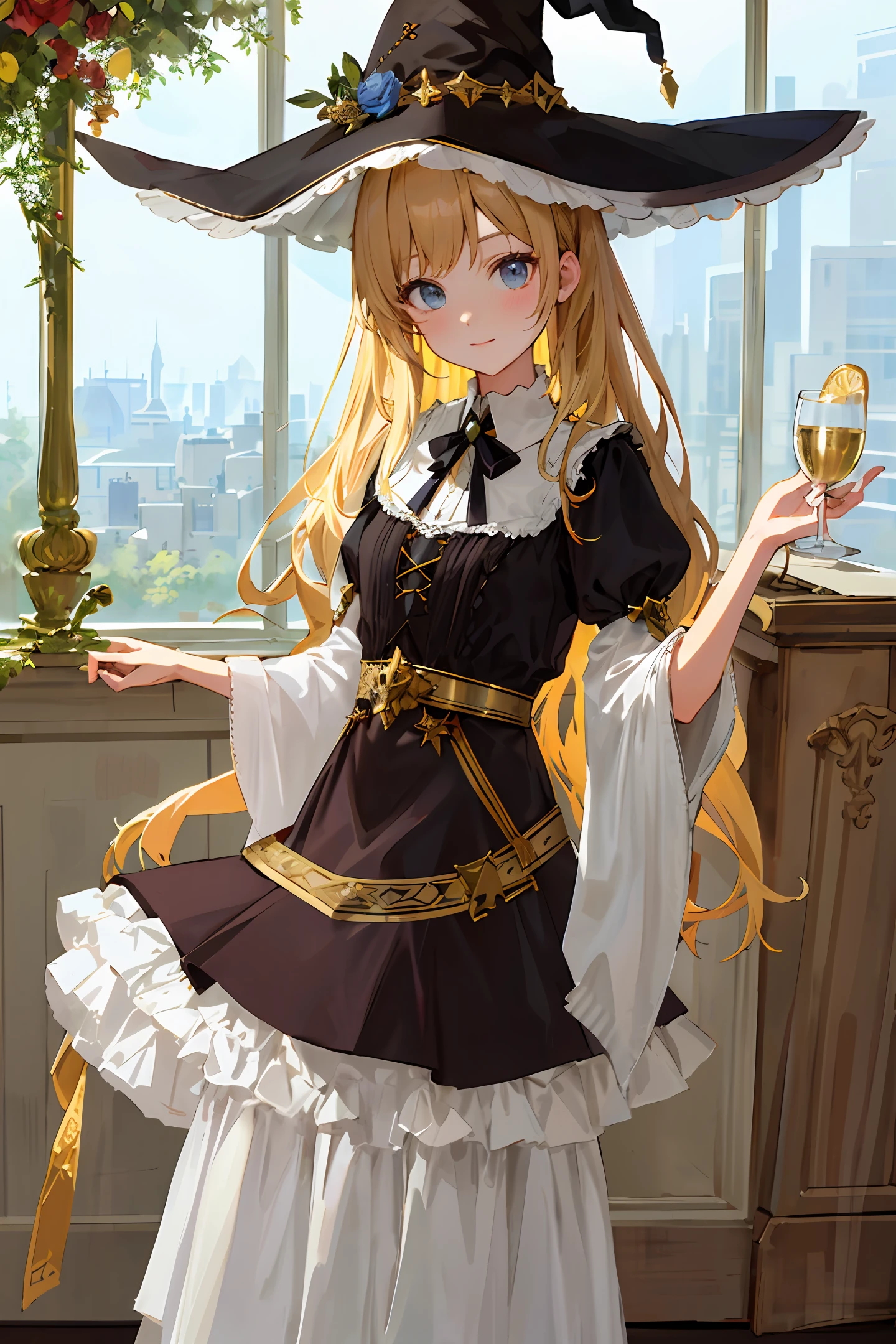 Blonde hair, double ponytail, full body photo maid dressed as black silk royal sister
