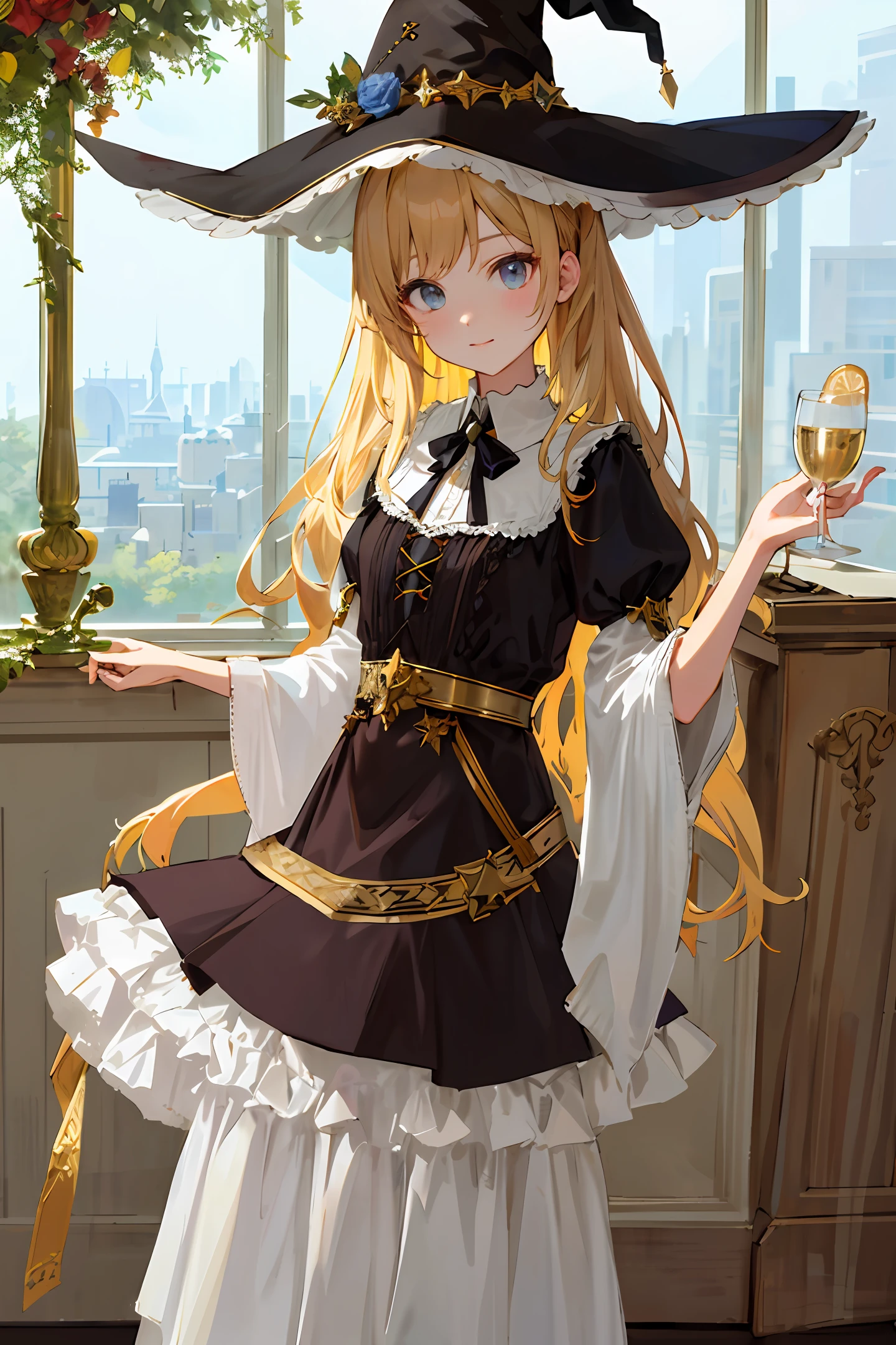Blonde hair, double ponytail, full body photo maid dressed as black silk royal sister