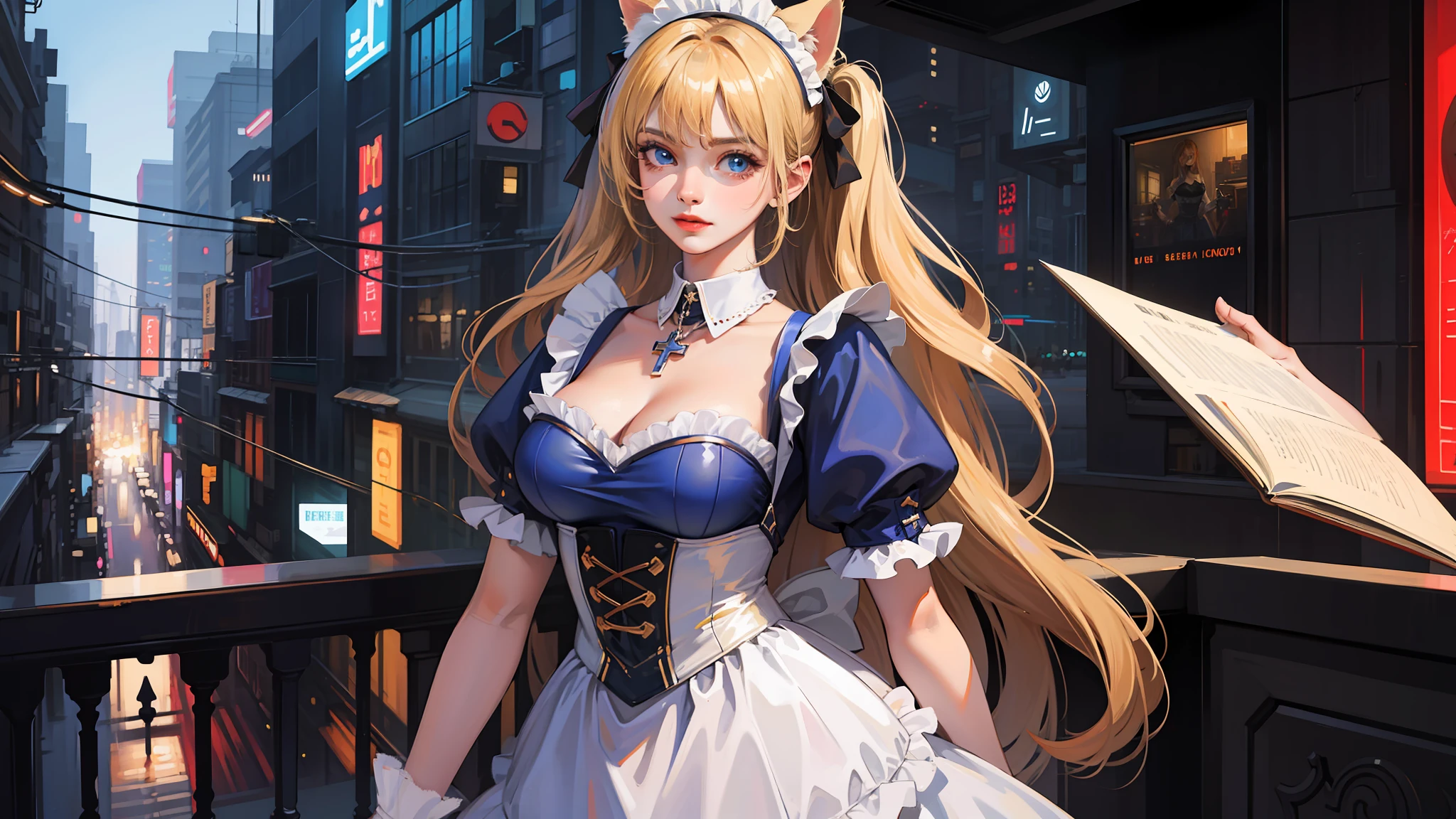 masterpiece, best quality, ultra high res,(photo realistic:1.4),((1girl)), upper body, close up of face shot, big blue eyes, medium breasts, cleavage, cat ears, blonde hair, very long hair, maid costume with a lot of frills, cute, young, posing, looking at viewer, cyberpunk, night city, neckless, cross,
