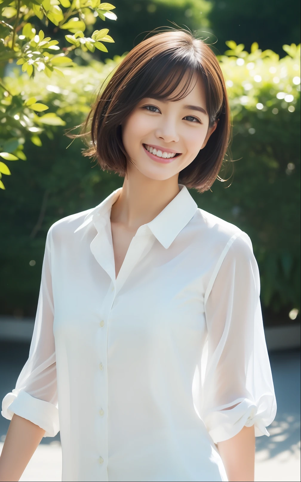 ((top-quality、8K、masterpiece:1.3))、Short-cut hairstyles、Cute Japan woman strolling in fresh green park、foco nítido:1.2、Beautiful woman with perfect body shape:1.4、Slim abs:1.2、(Wet white button long shirt)、Street:1.2、wetbody:1.1、Highly detailed facial and skin texture、A detailed eye、Smiling smile