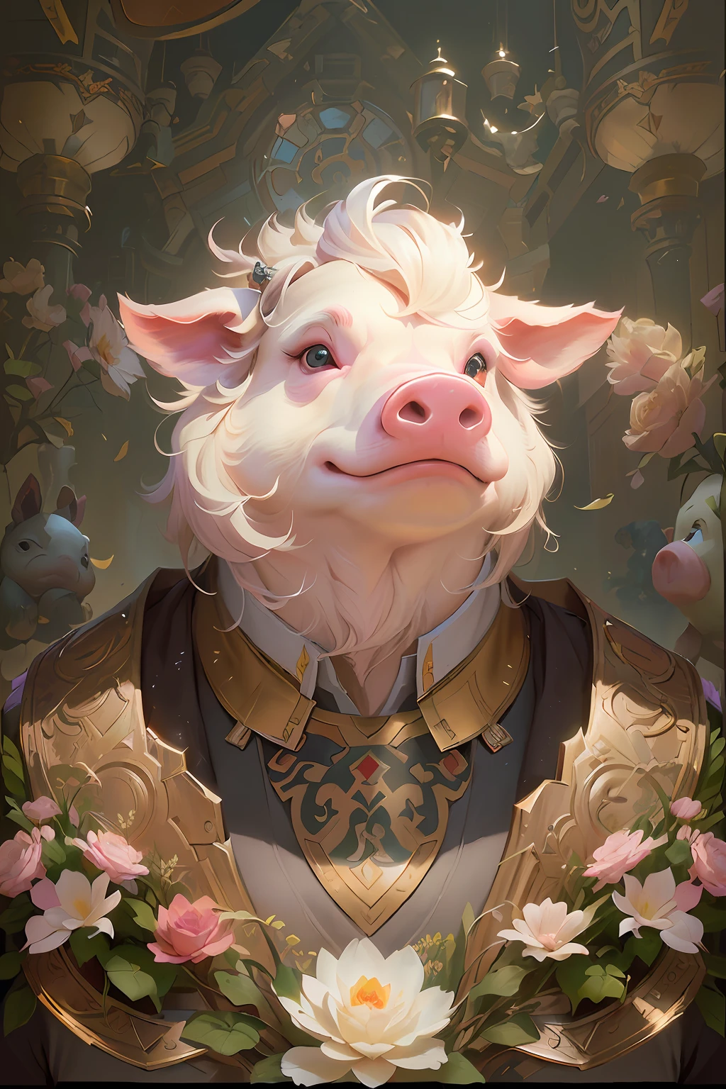 There is a painting,It depicts a pig in a suit and flowers, wojtek fus, anthropomorphic warrior piglet, collectible card art, wlop and ross thran, art by Wlop and Greg Rutkowski, author:Ryan Yee, WLOP Art, by Yang J, Hearthstone card art, Guviz-style artwork --auto