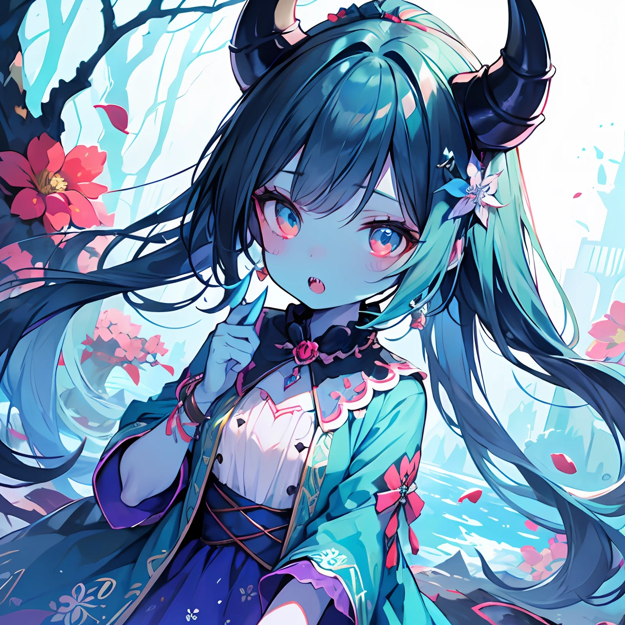 Cute tiny demon girl, (Turquoise blue skin), [furry], in cute summer dress with flowers pattern, flower in her hairs, red claws on her fingers, sharp teeth, (red scales scales), looking to viewer from ground, in beautiful park, [[close-up]], fantasy atmosphere, detailed background, rich color palette, trending on Pixiv, 4k