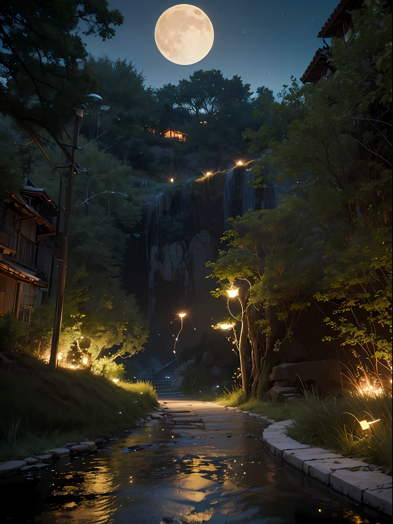 Official Art, Ancient Italy, Ancient Streets, (Lots of Fireflies), (Night), (Moon), Lights, Beautiful Landscapes, Epic Landscapes, Realistic Lights, Masterpiece, High Quality, Beautiful Graphics, High Detail , Global Illumination, Unreal Engine Rendering, Octane Rendering, (HDR: 1.3)