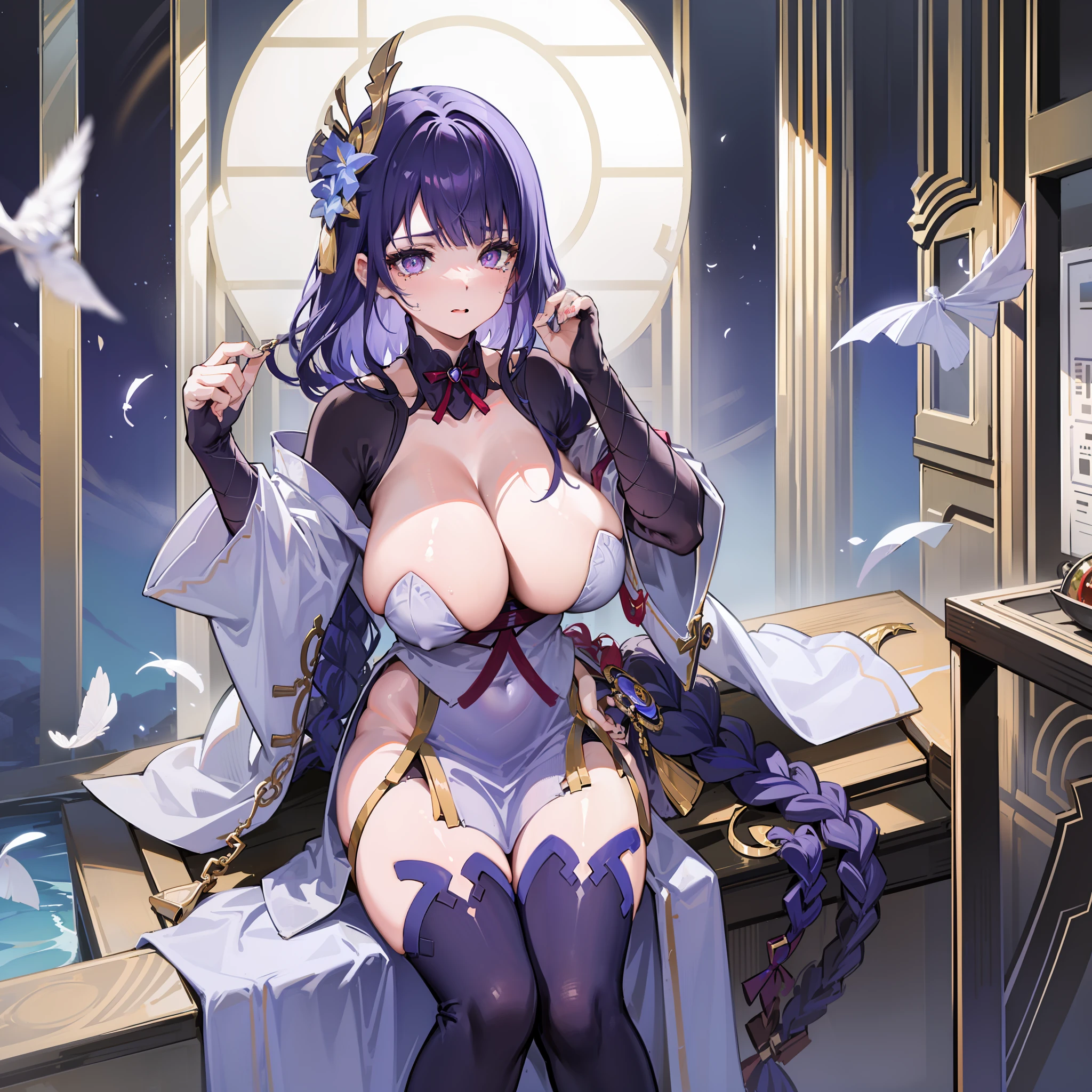 Masterpiece), (Best quality), full body,Simple background,Sitting, 1girll,Shiny hair,White hair,Hair flutters in the wind,feathers hair ornament, White cloak, ((See-through)),navel,Light smile,1girll,huge tit,exteriors,trpical garden,(Bridal maid outfit)Metal collar,Cowboy photos,Raise your legs and hang in the air,Expose the soles of your feet、Lie down with your hips turned away、soles of feet、M-shaped legs、Woman opening her legs、Clothes melting、master piece、1人、独奏、Braids、Torn clothes、Handcuffs、Chains、a navel、Tears、(back arms:1.2)、shibari、Chains、heart - shaped pupils、Scream、Hand flail、Flail、Ruined restroom、red hair、White shirt、black necktie、Black pants