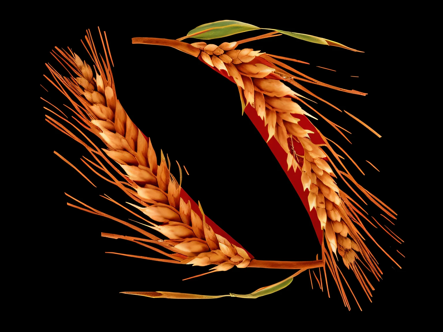 There is an image of two branches of wheat, um perpendicular ao outro fazendo um arco, a digital rendering, pintado digitalmente, gerado por computador, sharp foccus ilustration, An illustraion, high grain, digital illustation, rendered illustration, digital render, illustration, uma pintura digital, photo illustration. Nos ramos de trigos tem 1 folha esverdeada, os dois trigos fazem um arco, trigos rodeando, trigos fazendo uma volta.