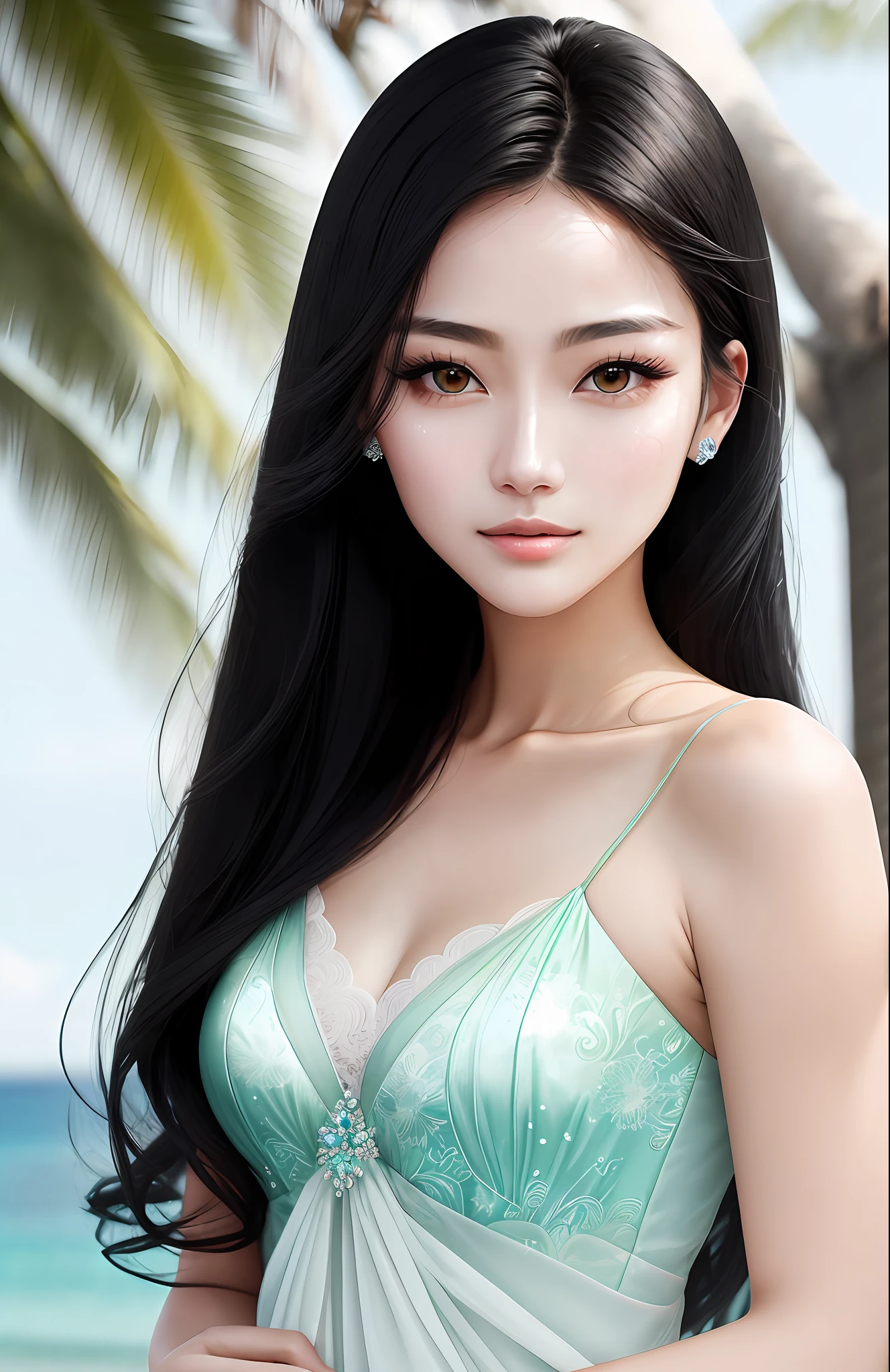 animesque、Crystal clear moisturized seagreen eyes、Beautiful woman like a fashion model、a closeup、portlate、Beautiful, Beautiful black hair without hair ornaments, hight resolution,　top-quality, ​masterpiece, 8k wallpaper、 One Person、Beautiful skin、１７age、