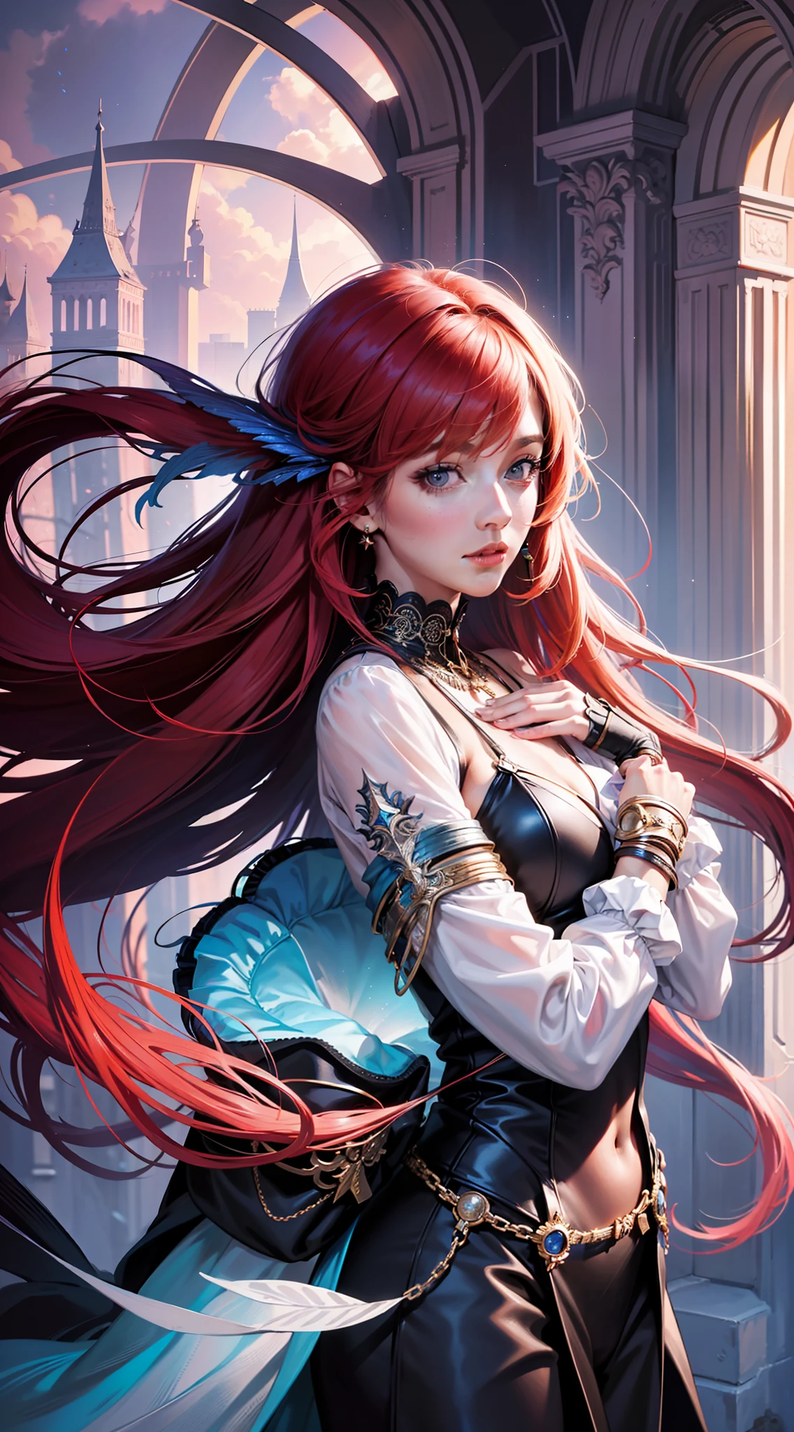 ((woman, close up shot, photorealistic )) true-to-life visuals, artistically refined,captivating beauty, dramatic contrasts, 8k wallpaper, absurdres, incredibly absurdres, 1girl, fantasy, colorful, red hair, looking at viewer,(masterpiece, top quality, best quality, official art, beautiful and aesthetic:1.2), (1girl:1.3), (fractal art:1.3), 4k, 8k, (highres), clear facial skin, (good lighting:1.1), ((highres))
