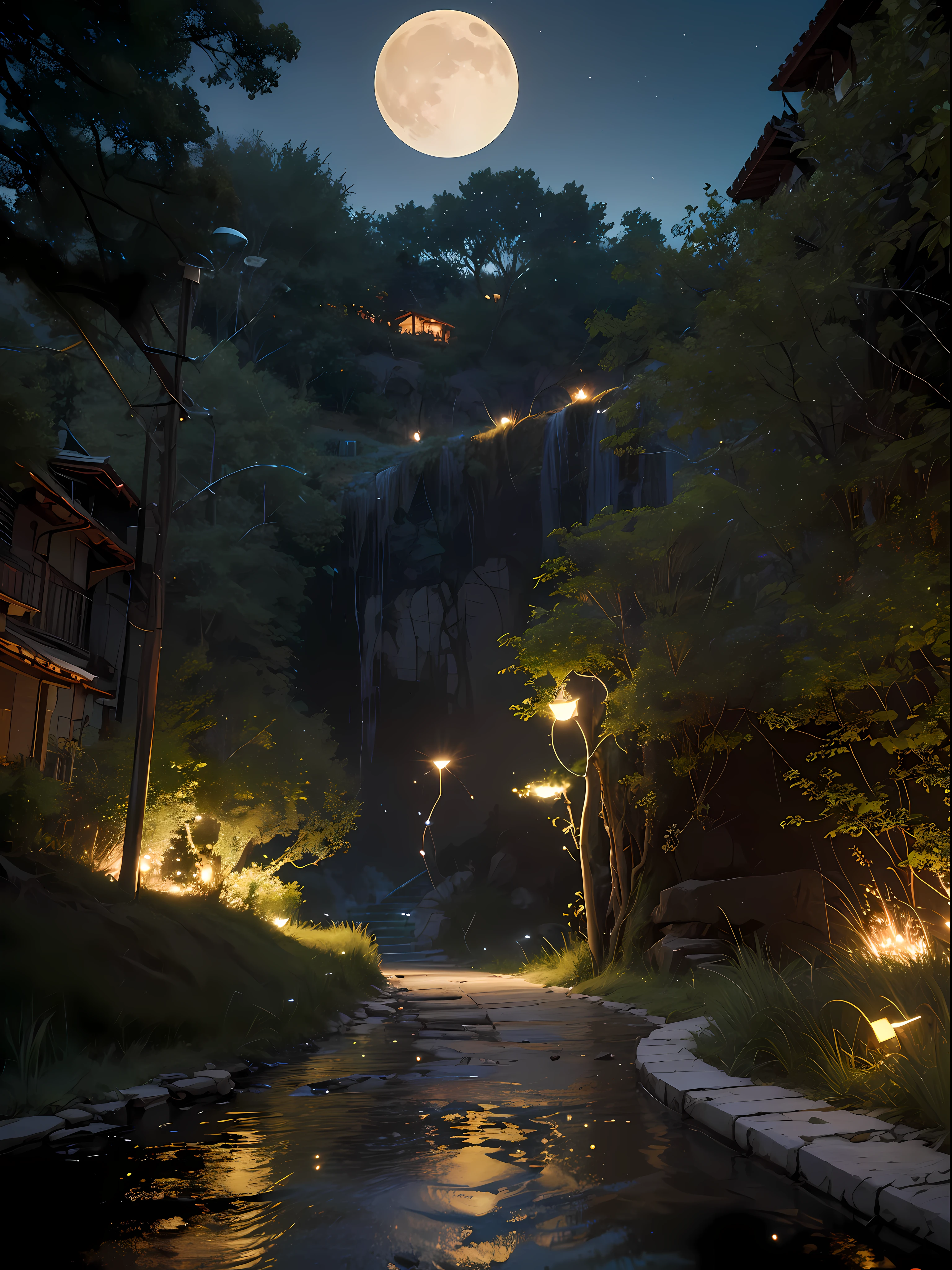 Official Art, Ancient Italy, Ancient Streets, (Lots of Fireflies), (Night), (Moon), Lights, Beautiful Landscapes, Epic Landscapes, Realistic Lights, Masterpiece, High Quality, Beautiful Graphics, High Detail , Global Illumination, Unreal Engine Rendering, Octane Rendering, (HDR: 1.3)