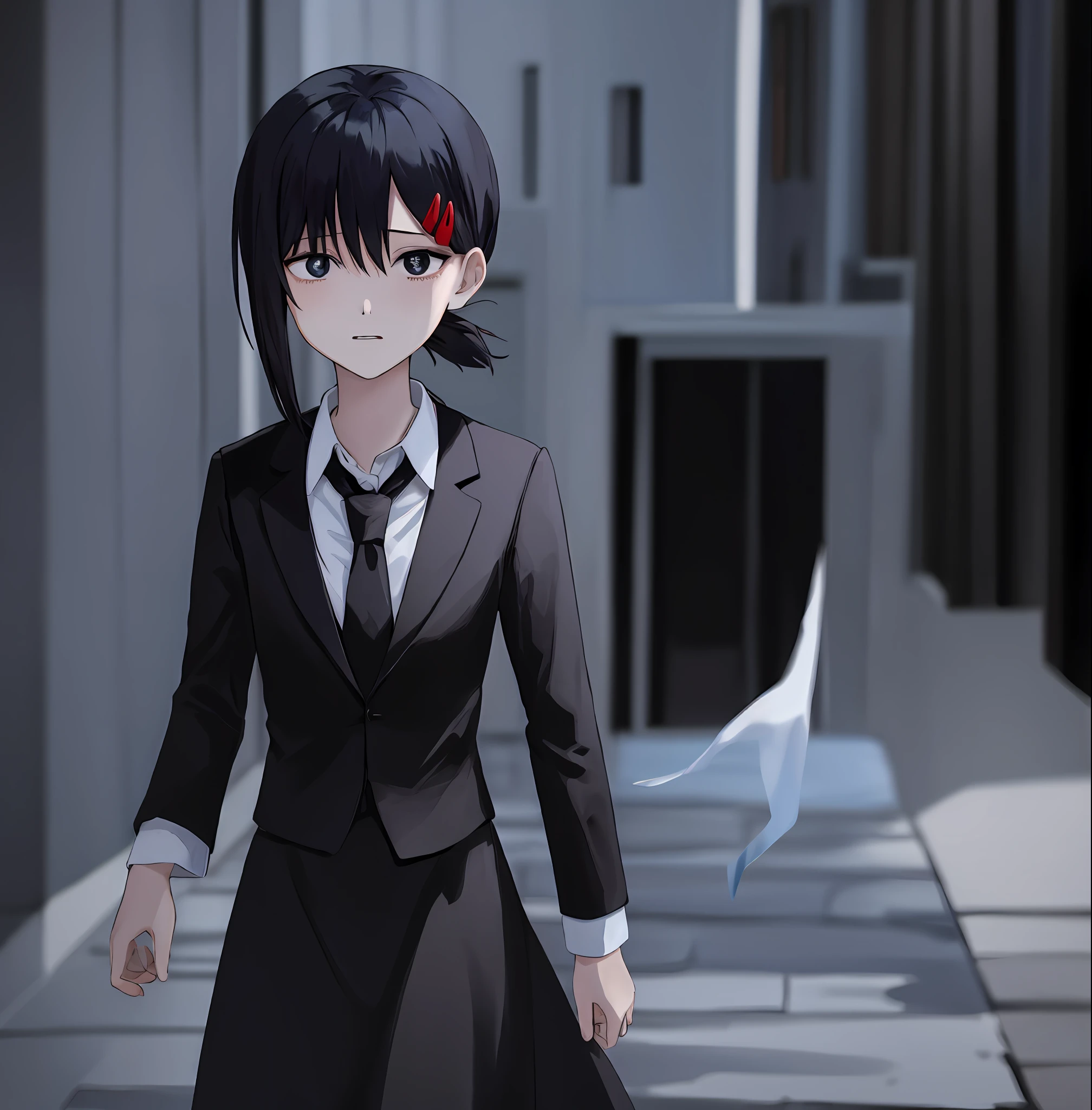 Anime girl in black dress and tie standing on snowfield, Yandere, gapmoe Yandere, Yandere. Tall, gapmoe Yandere grimdark, (Anime girl), pale young ghost girl, emo anime girl, in an anime style, slender girl, eerie and grim art style, In anime style, young and slender, Mysterious girl, fubuki