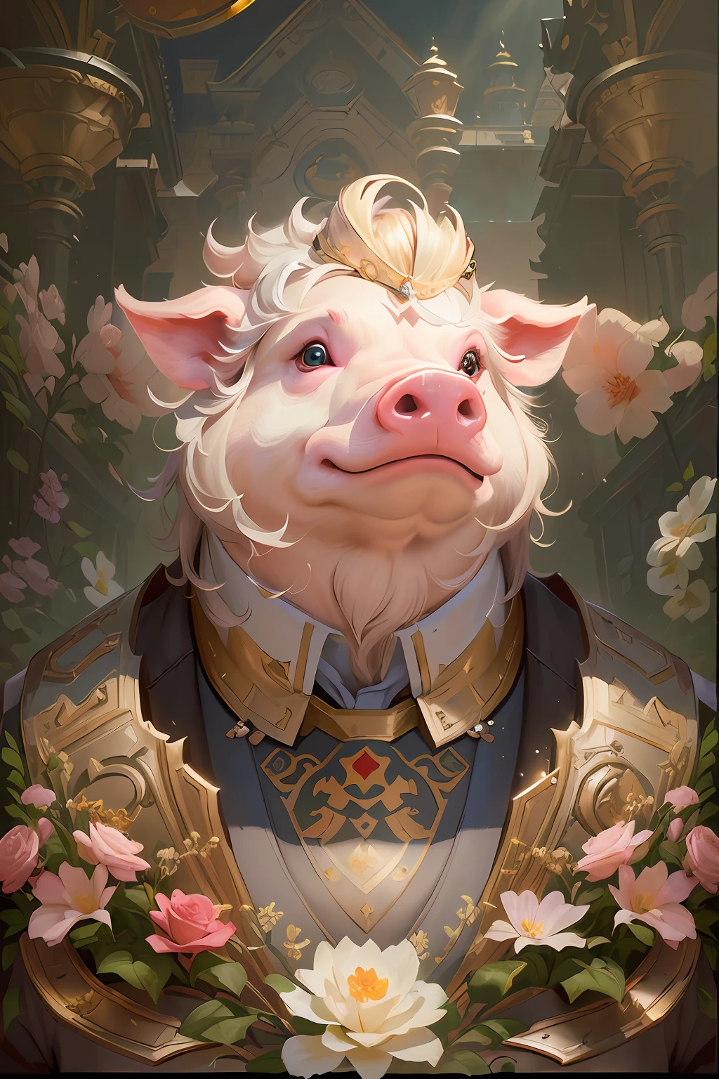 There is a painting，It depicts a pig in a suit and flowers, wojtek fus, anthropomorphic warrior piglet, collectible card art, wlop and ross thran, art by Wlop and Greg Rutkowski, author：Ryan Yee, WLOP Art, by Yang J, Hearthstone card art, Guviz-style artwork ，Pig with a crown，Royal Pig --auto