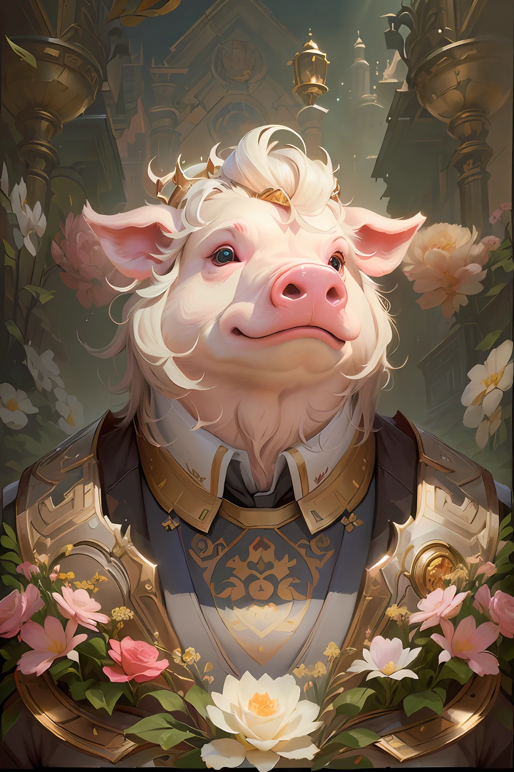 There is a painting，It depicts a pig in a suit and flowers, wojtek fus, anthropomorphic warrior piglet, collectible card art, wlop and ross thran, art by Wlop and Greg Rutkowski, author：Ryan Yee, WLOP Art, by Yang J, Hearthstone card art, Guviz-style artwork ，Pig with a crown，Royal Pig --auto