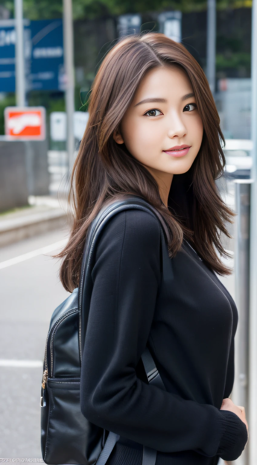 (natta, Need, 8K, tmasterpiece:1.3)), full bodyesbian, Long legs, Focalors:1.2, perfect figure beautiful woman:1.4, Slim abs:1.1, ((Dark brown hair, large tities:1.2 )), (Harnes,The shirt,Side head:1.2,), ((Urban highways, :1.3)), Highly detailed facial and skin texture, A detailed eye, 二重まぶた,Flying long hair,backpacks,lockbox