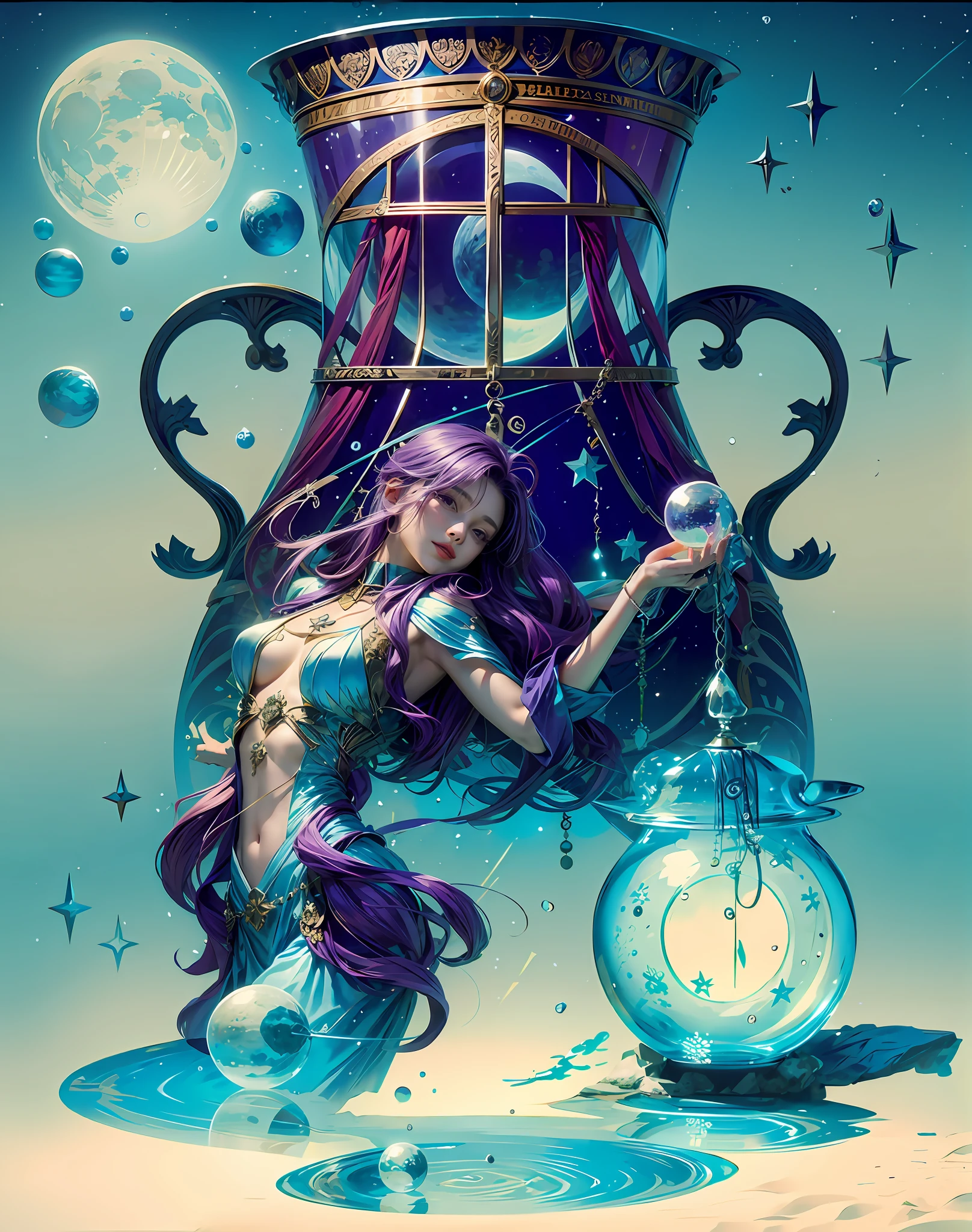Holding a transparent crystal ball in his hand。